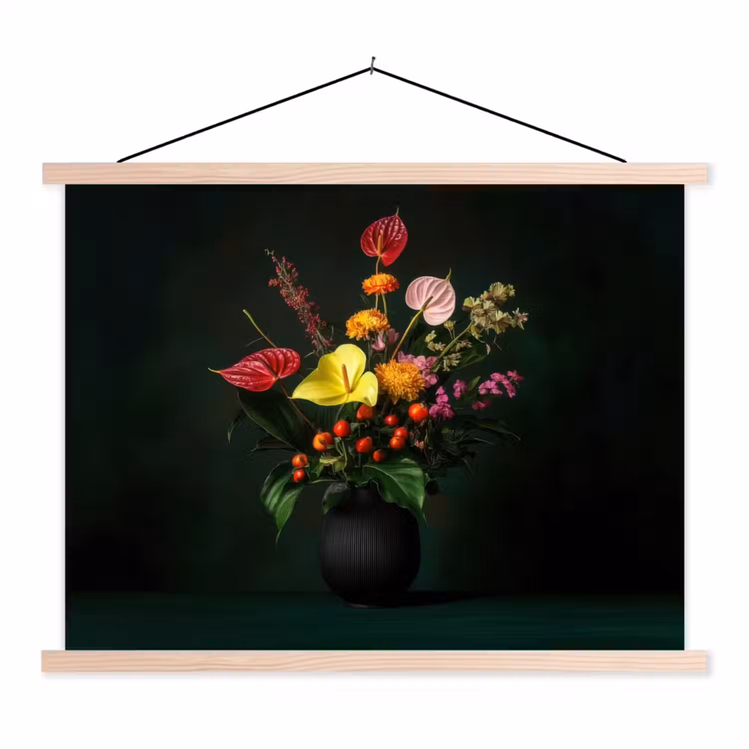 Bloemen - Vaas - Zwart textielposter latten blank klein -3d