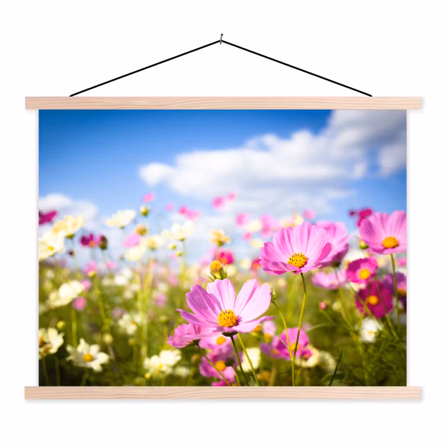 Bloemen - Wei - Paars - Gras - Wit - Wolken - Blauw textielposter latten blank klein -3d