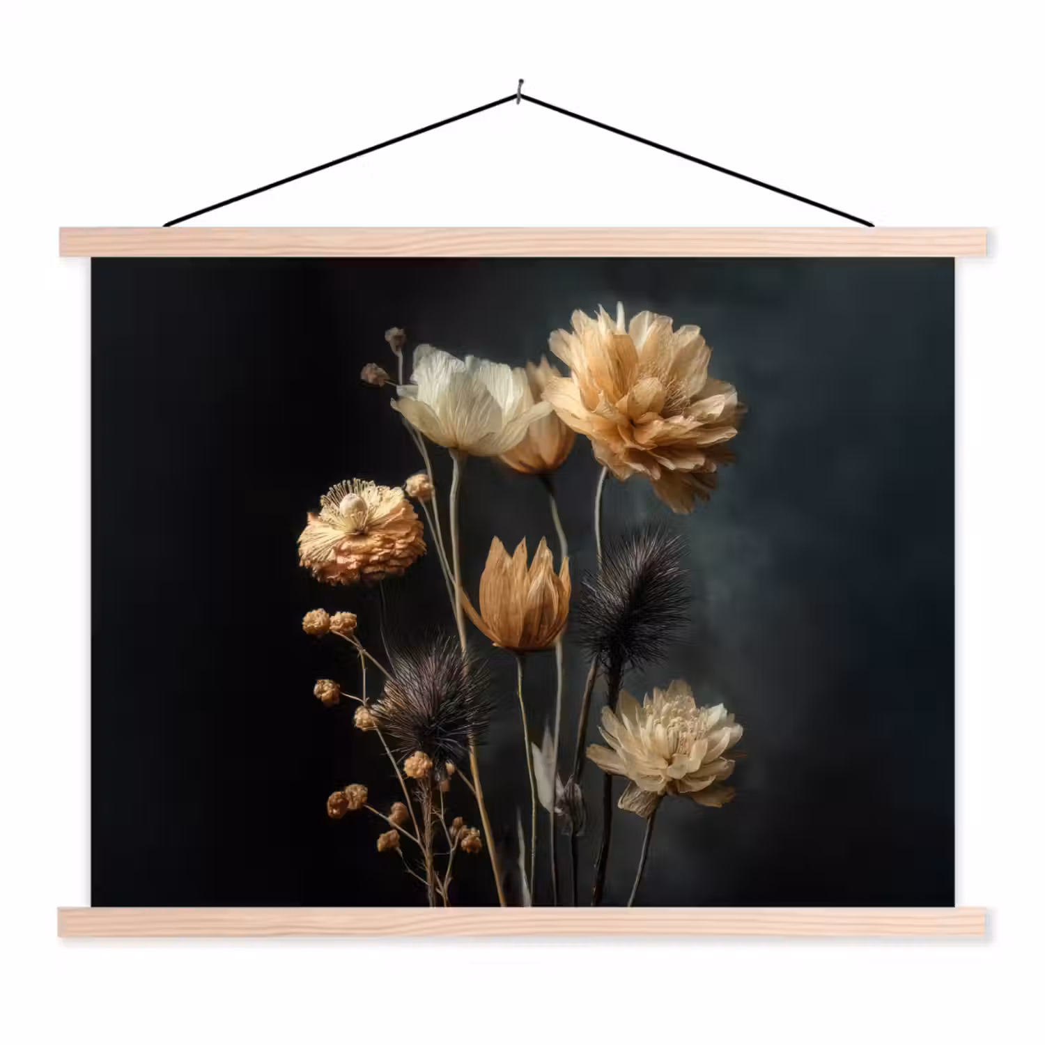 Boeket - Bloemen - Licht - Zwart textielposter latten blank klein -3d