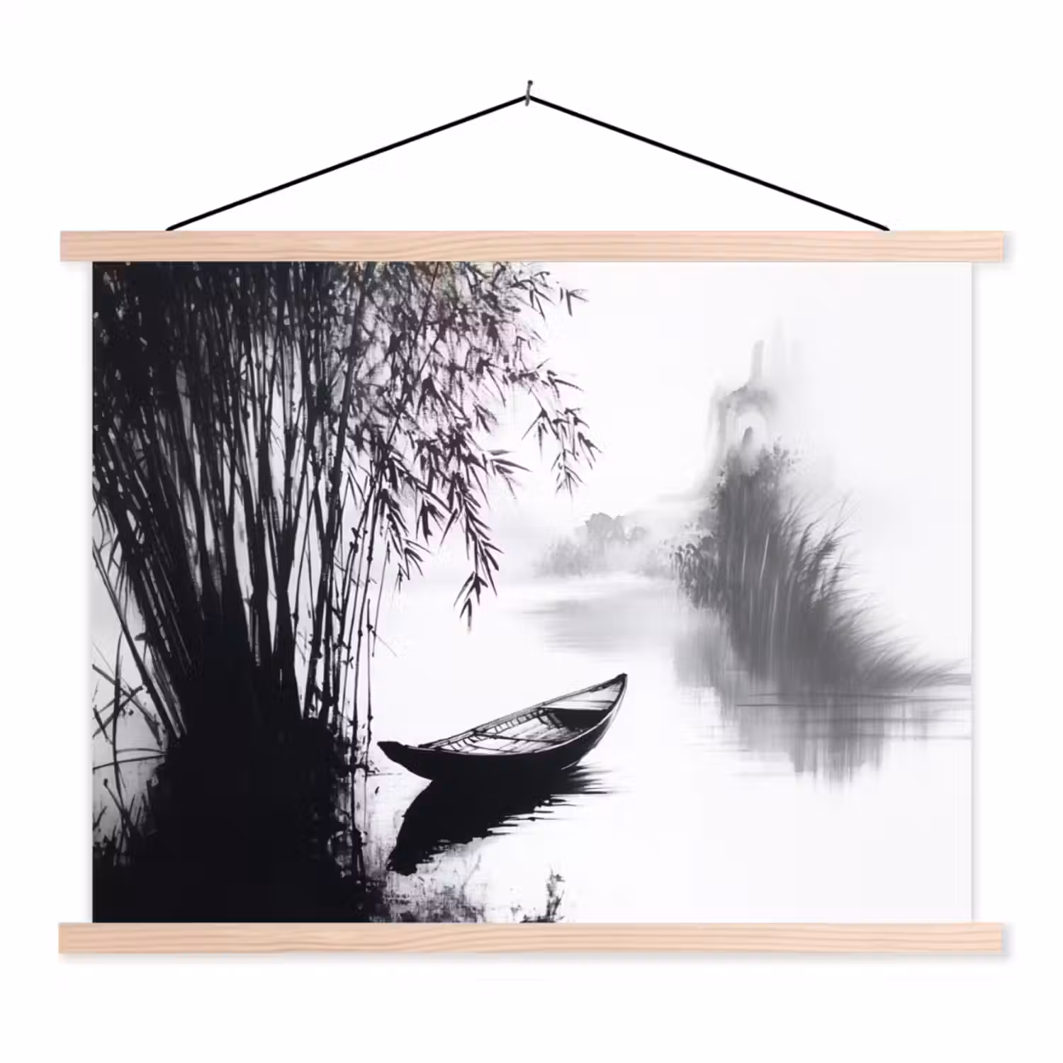 Boot - Rivier - Bamboe - Wit textielposter latten blank klein -3d