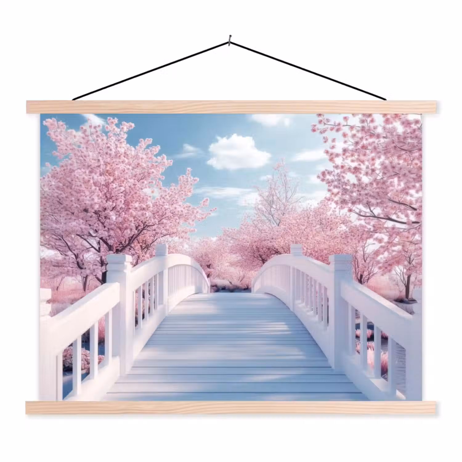 Brug - Kersenbomen - Wit textielposter latten blank klein -3d