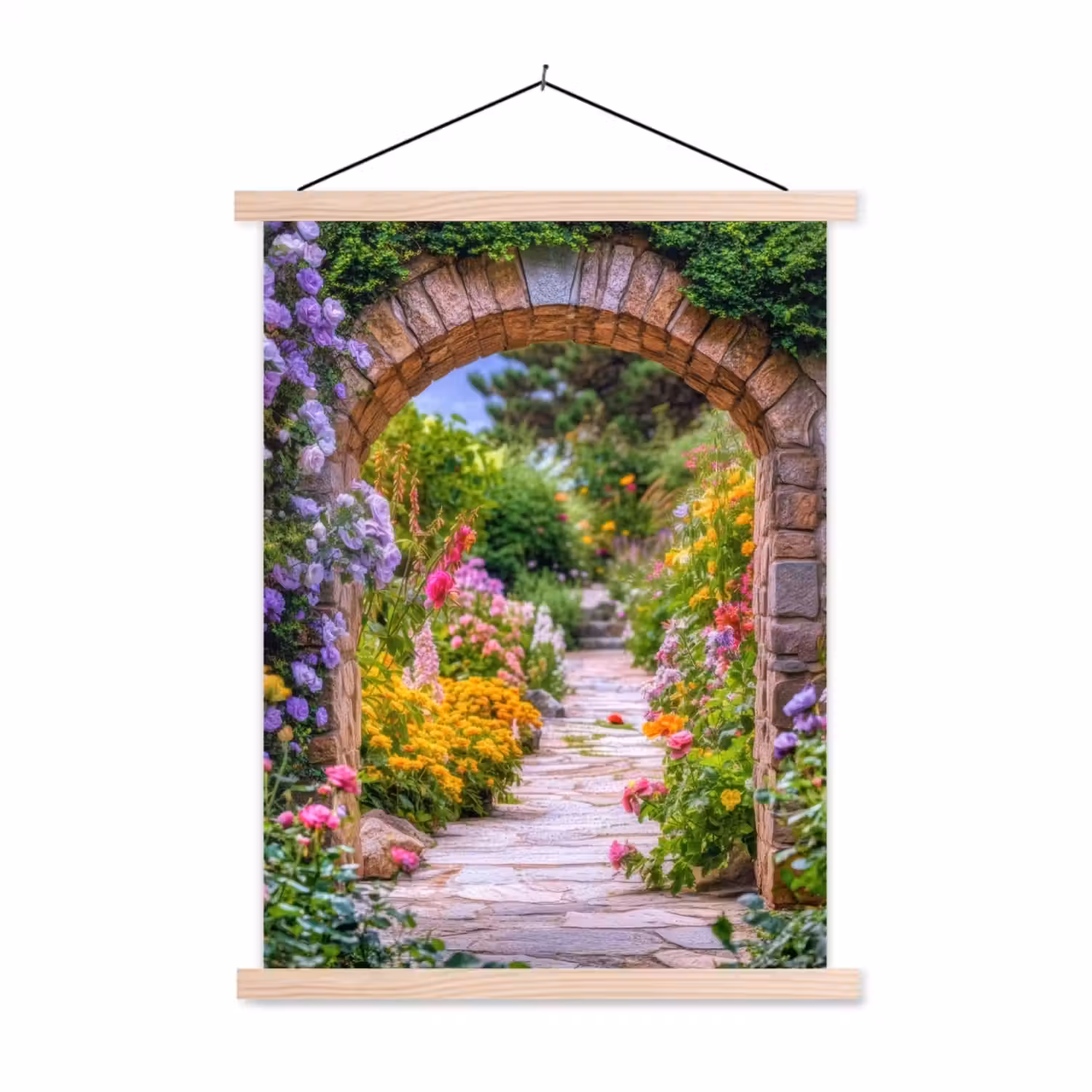 Doorkijk - Bloemen - Pad - Natuur textielposter latten blank klein -3d