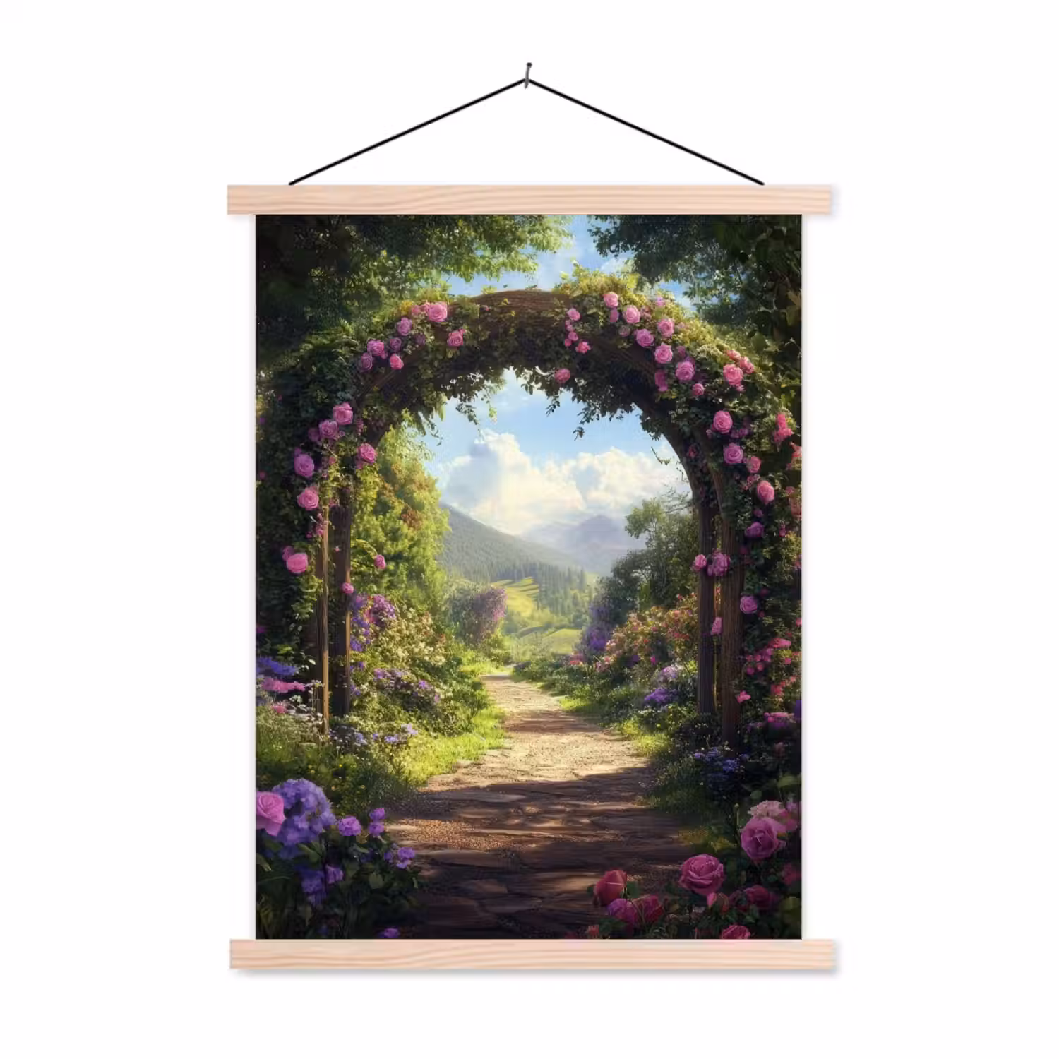 Doorkijk - Rozenboog - Uitzicht - Landschap - Bloemen textielposter latten blank klein -3d