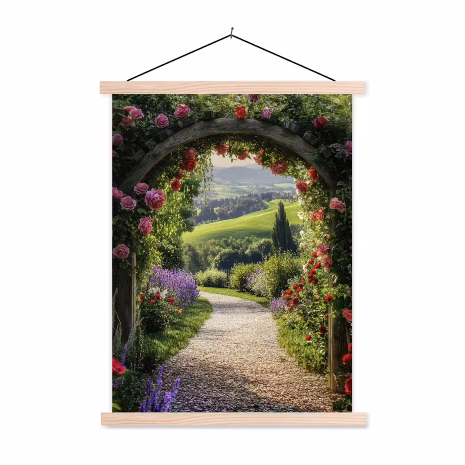 Doorkijk - Tuinboog - Bloemen - Natuur - Pad textielposter latten blank klein -3d