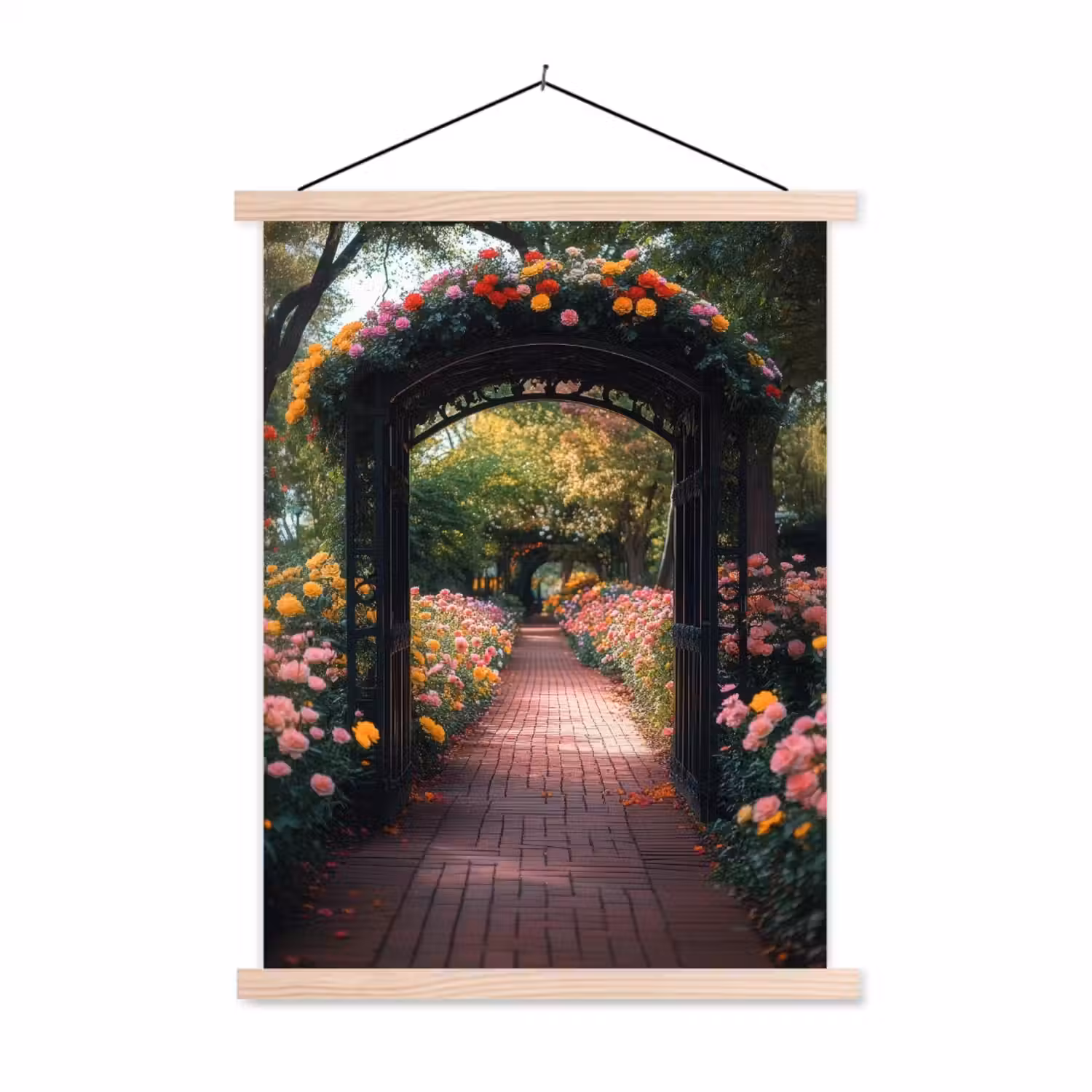Doorkijk - Bloemen - Pad - Natuur - Kleurrijk textielposter latten blank klein -3d