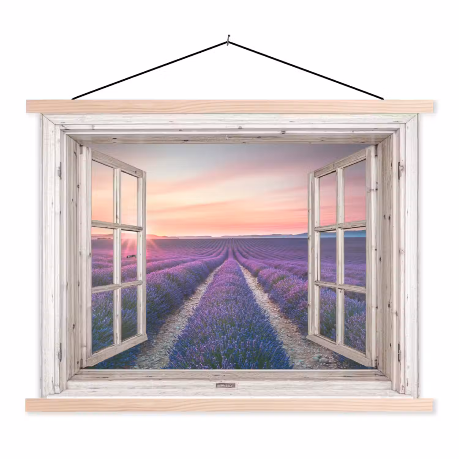 Doorkijk - Lavendel - Bloemen - Hout - Zonsondergang - Paars textielposter latten blank klein -3d