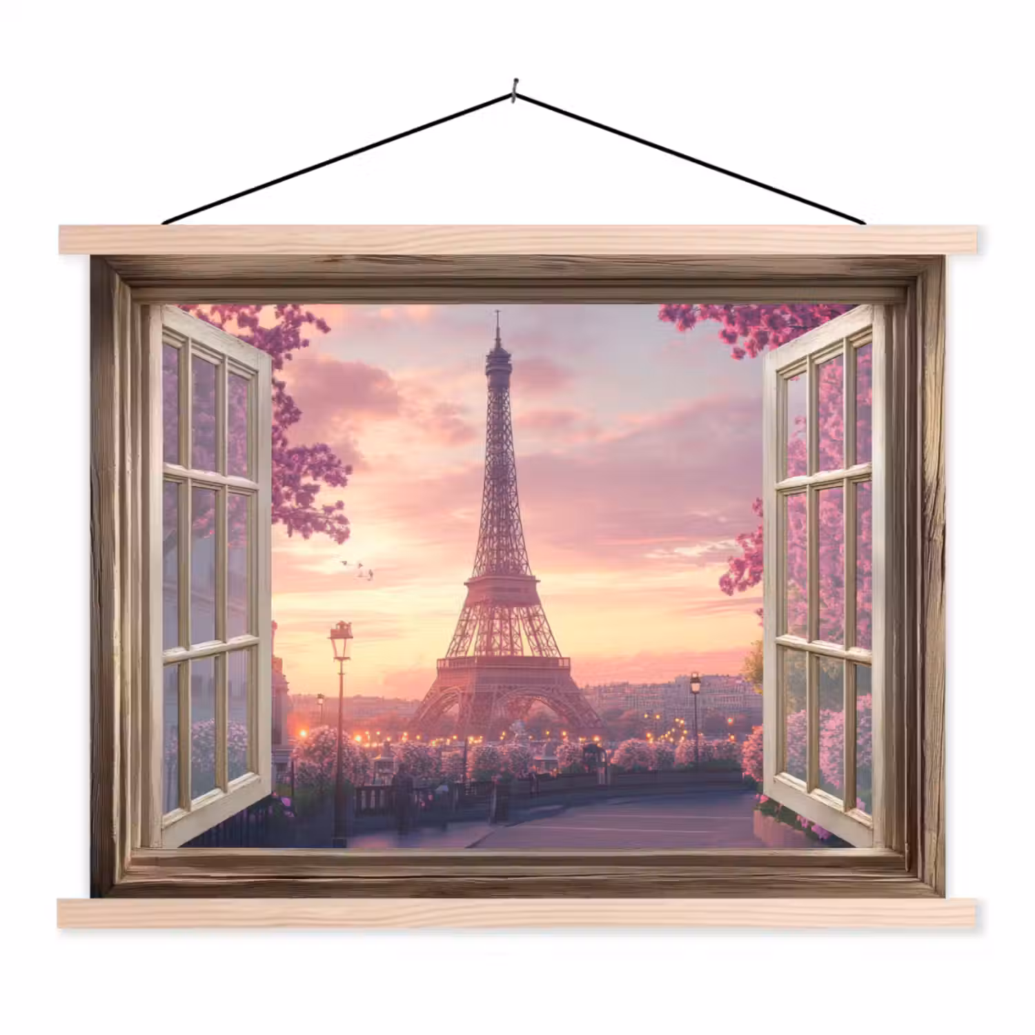 Doorkijk - Parijs - Eiffeltoren - Roze - Kersenbloesem textielposter latten blank klein -3d