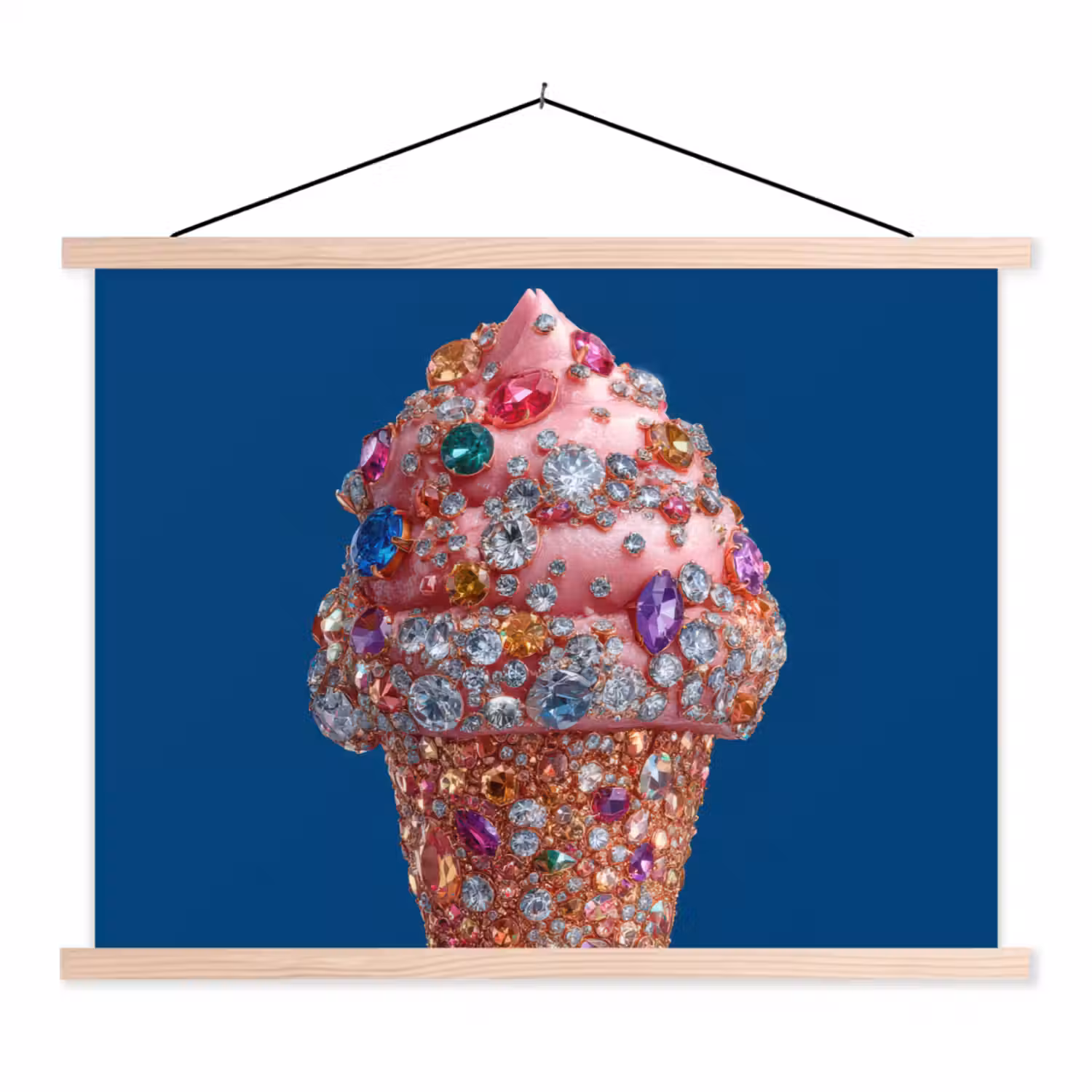 Ijsje - Hoorntje - Steentjes - Blauw textielposter latten blank klein -3d