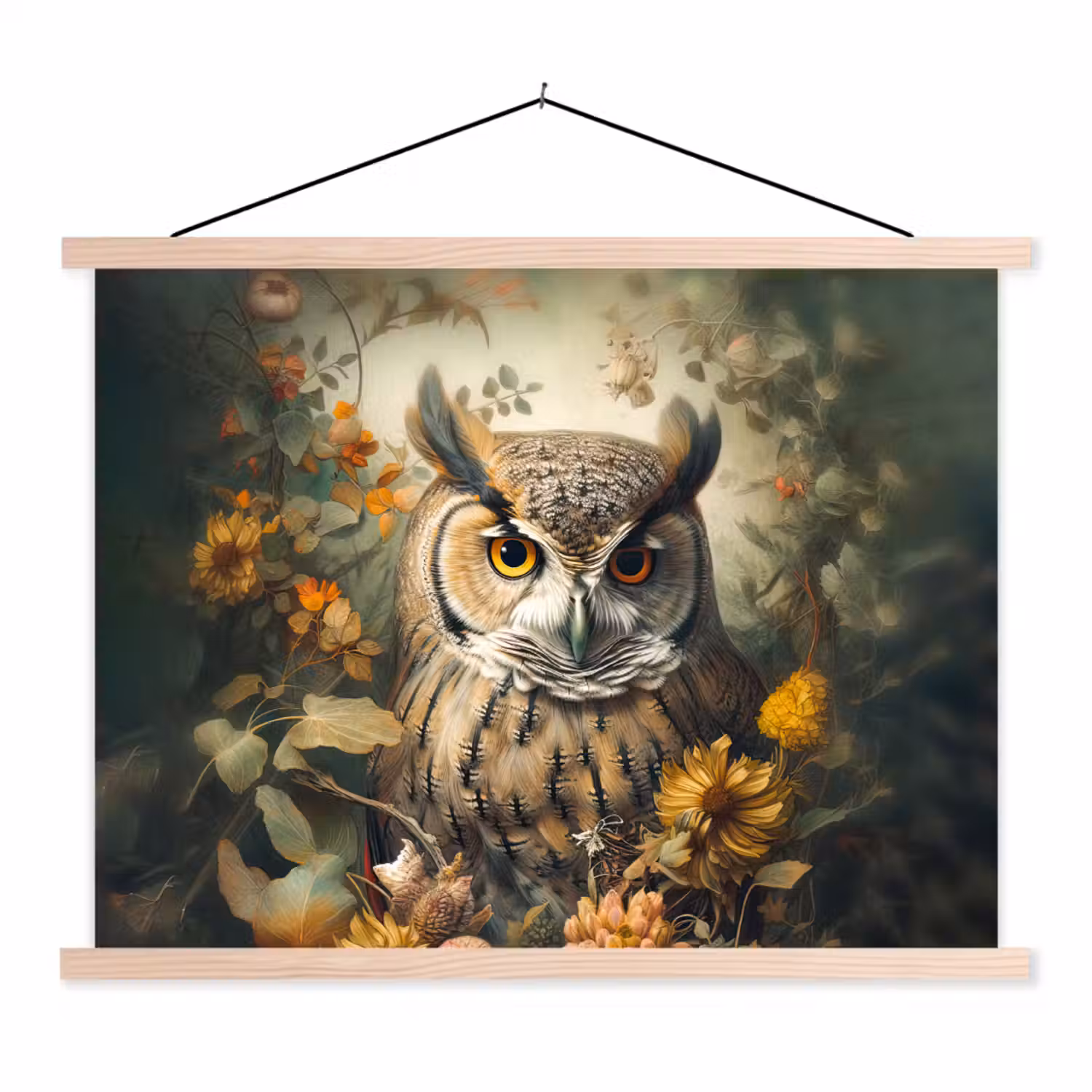Uil - Vogels - Bloemen - Natuur textielposter latten blank klein -3d
