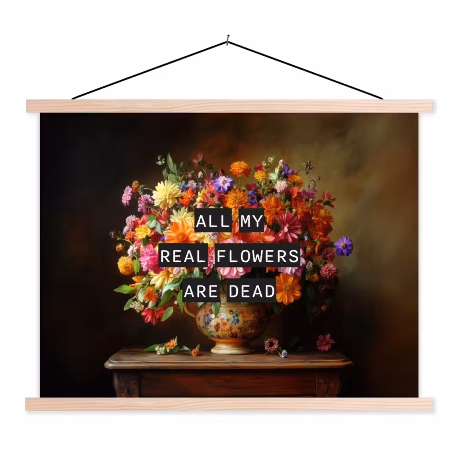 Kleur - Bloemen - Vintage - Bloemenvaas textielposter latten blank klein -3d