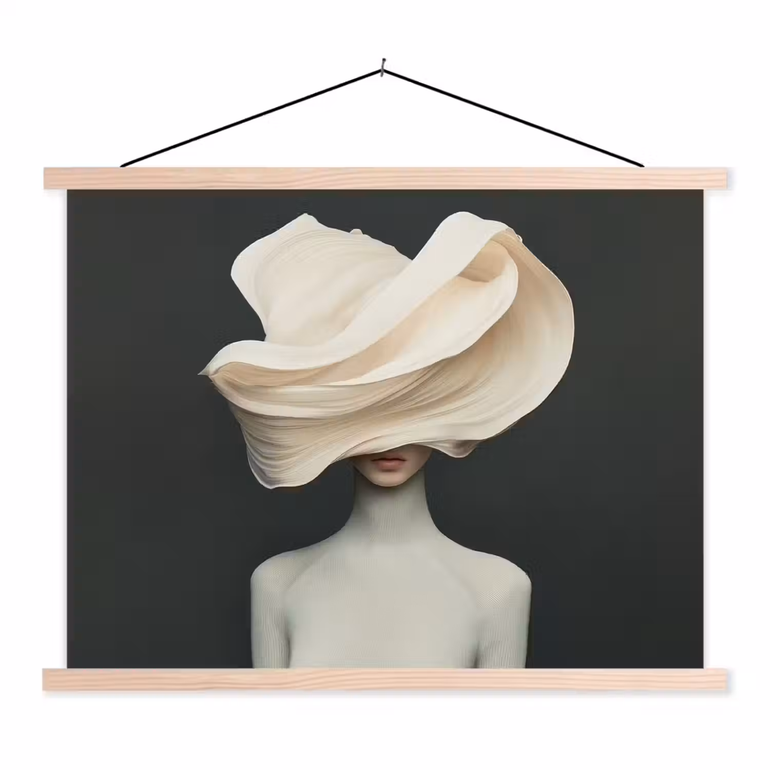 Vrouw - Beige - hoed textielposter latten blank klein -3d
