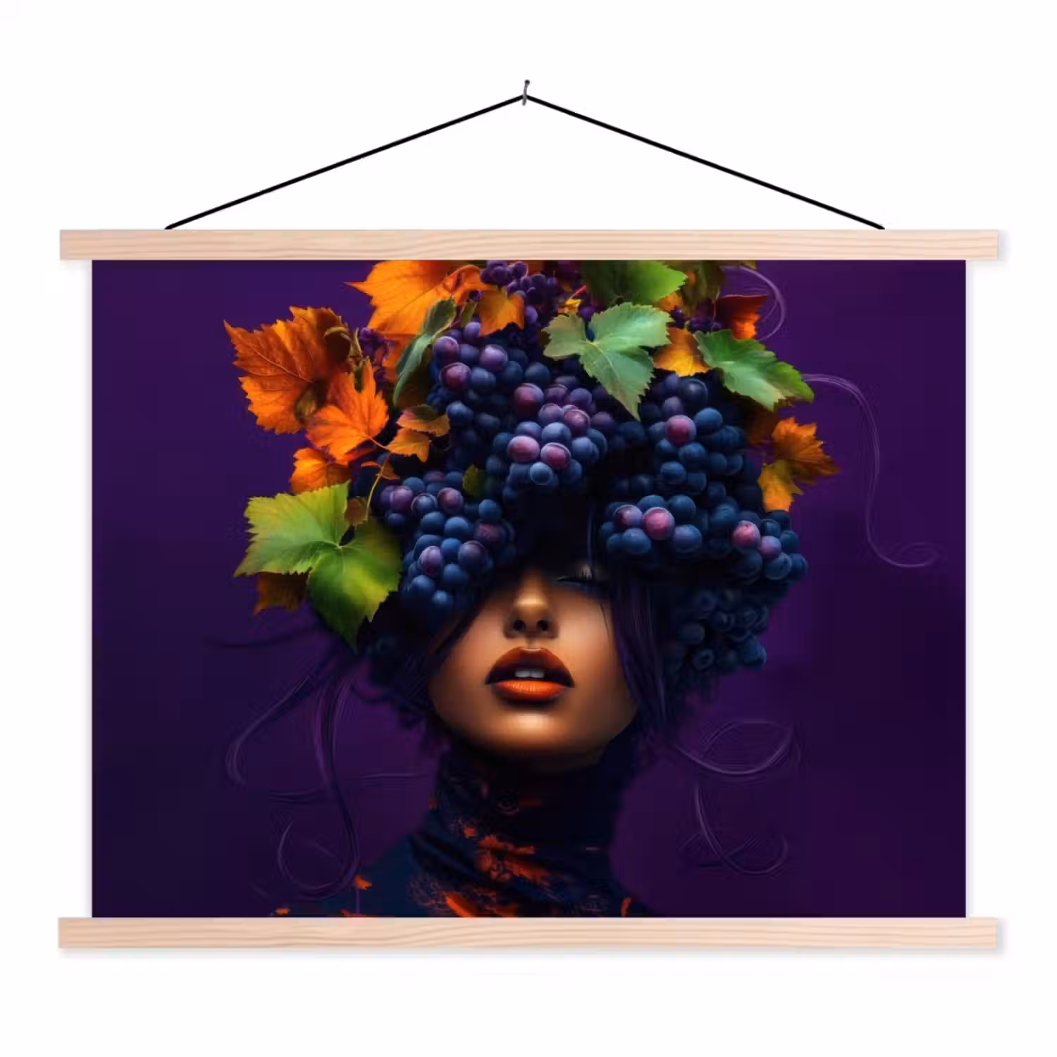 Vrouw - Paars - Druiven textielposter latten blank klein -3d