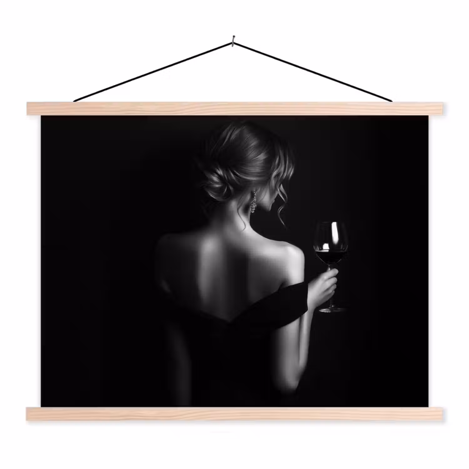 Vrouw - Wijn - Jurk textielposter latten blank klein -3d