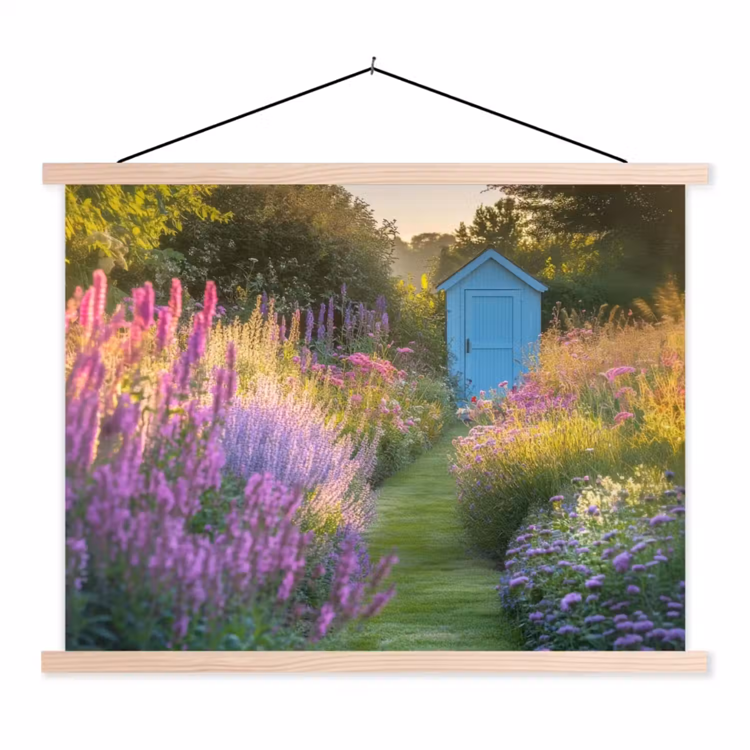Tuinhuisje - Blauw - Bloemen textielposter latten blank klein -3d
