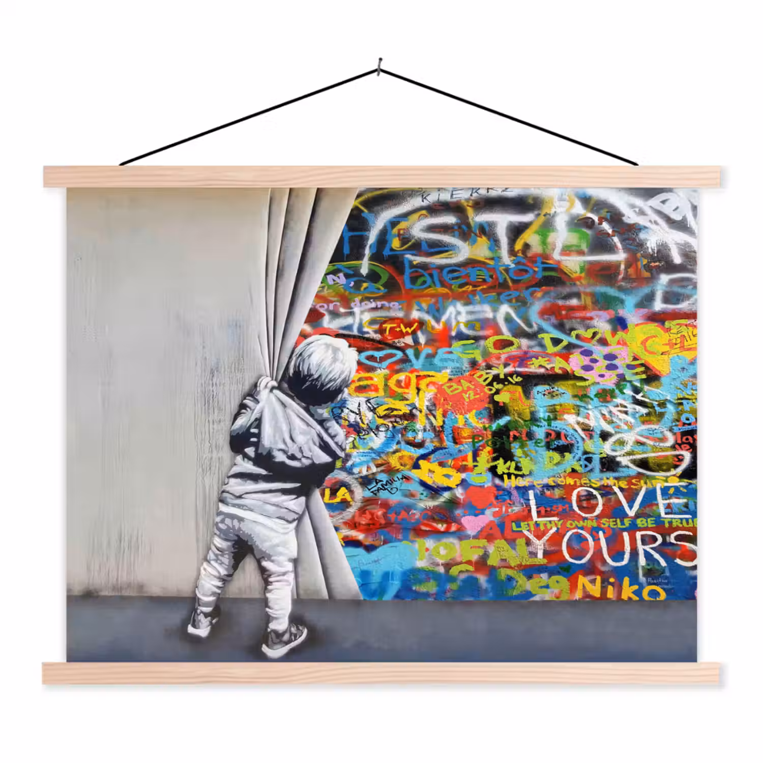 Graffiti - Illusie - Jongen - Street art textielposter latten blank klein -3d