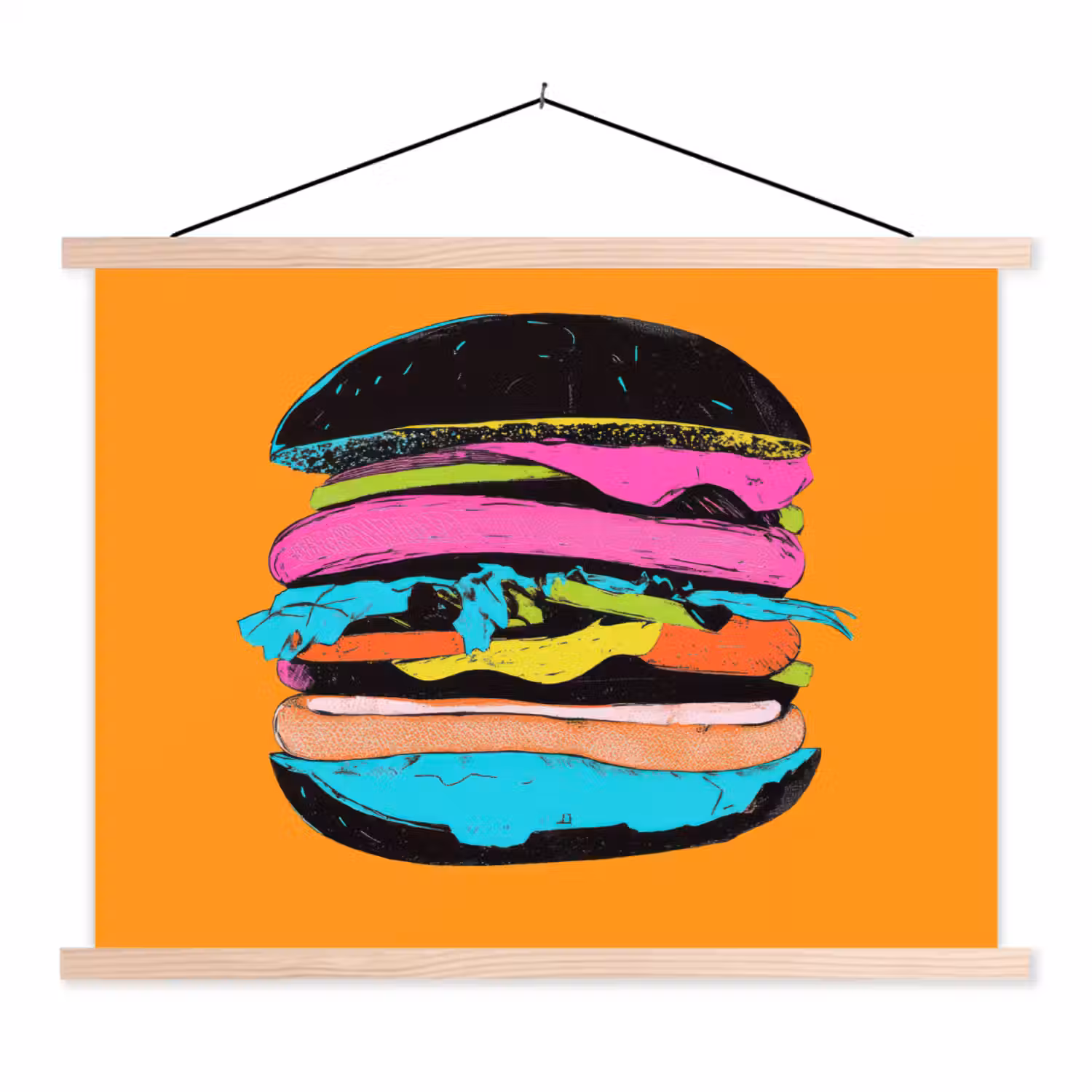 Hamburger - Kleurrijk - Speels textielposter latten blank klein -3d