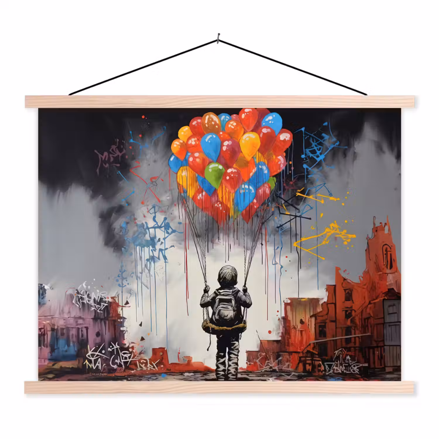 Jongen - Ballonnen - Gebouwen - Kunst textielposter latten blank klein -3d