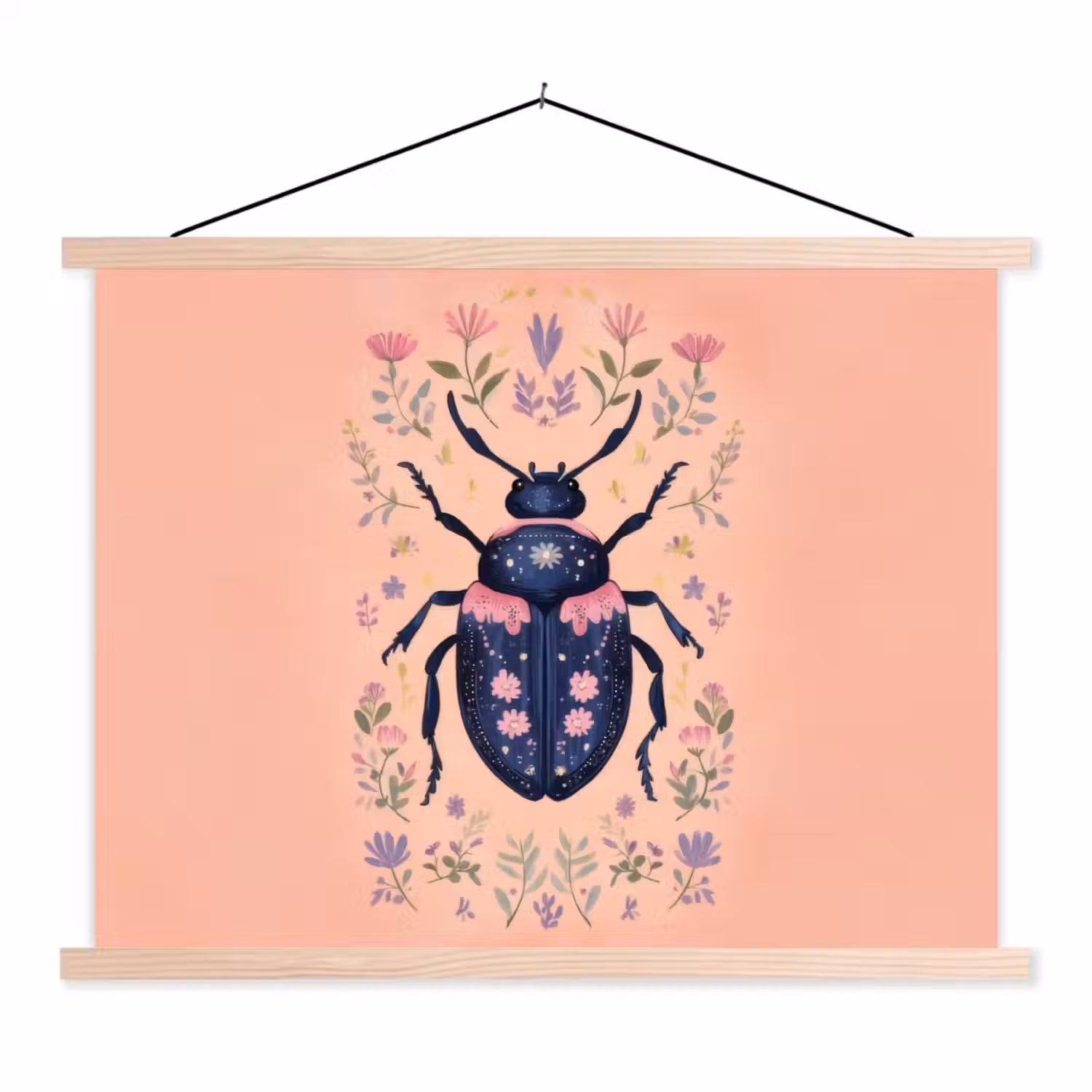 Kever - Donkerblauw - Bloemen - Sierlijk textielposter latten blank klein -3d