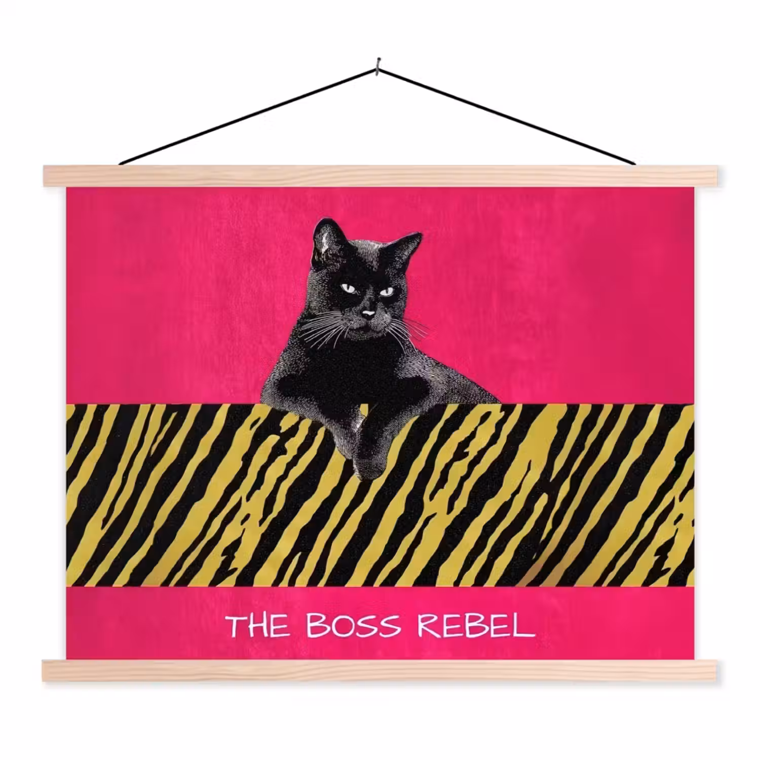 Kat - Baas - Roze - Tijgerprint textielposter latten blank klein -3d