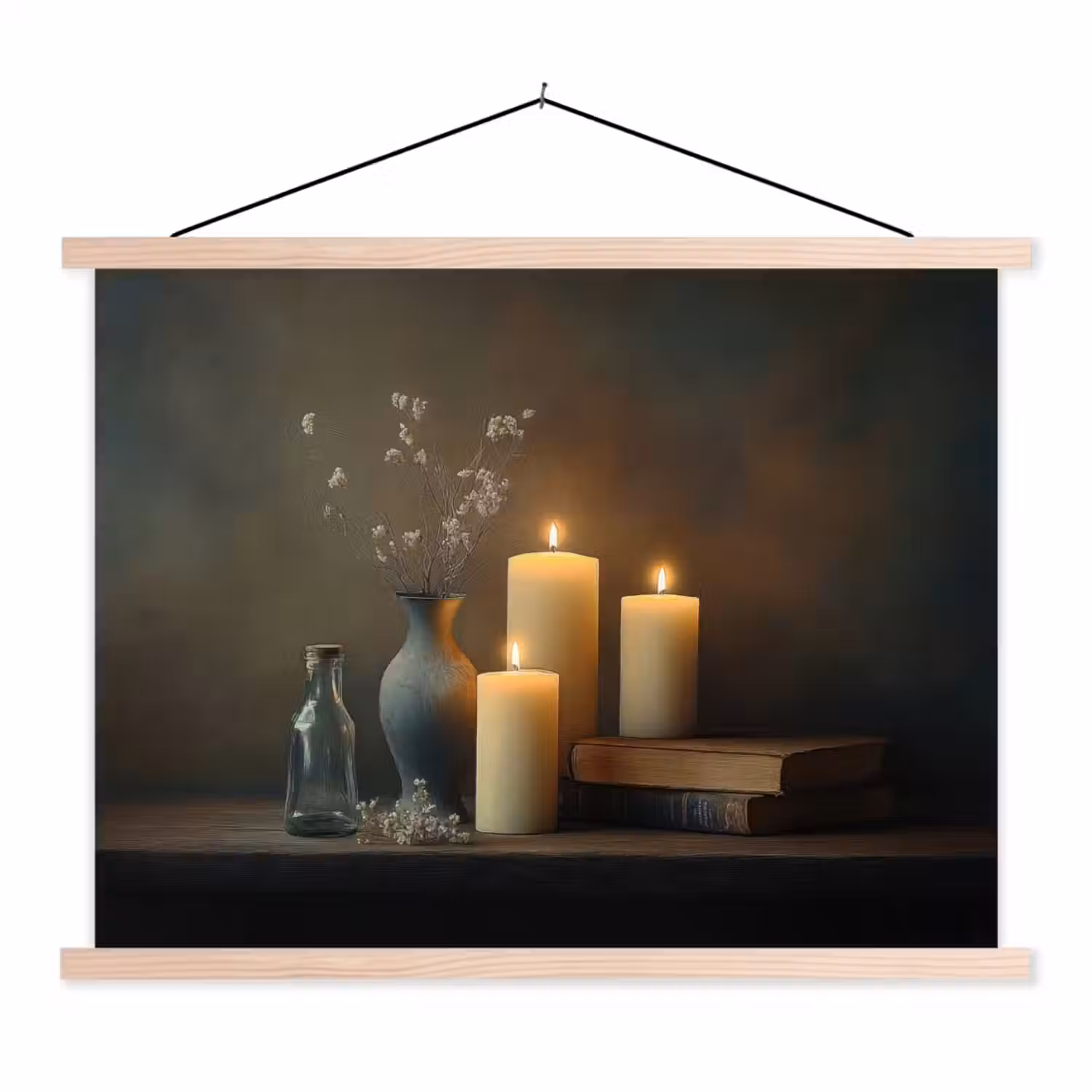 Kaarsen - Stilleven - Rustiek - Boeken textielposter latten blank klein -3d