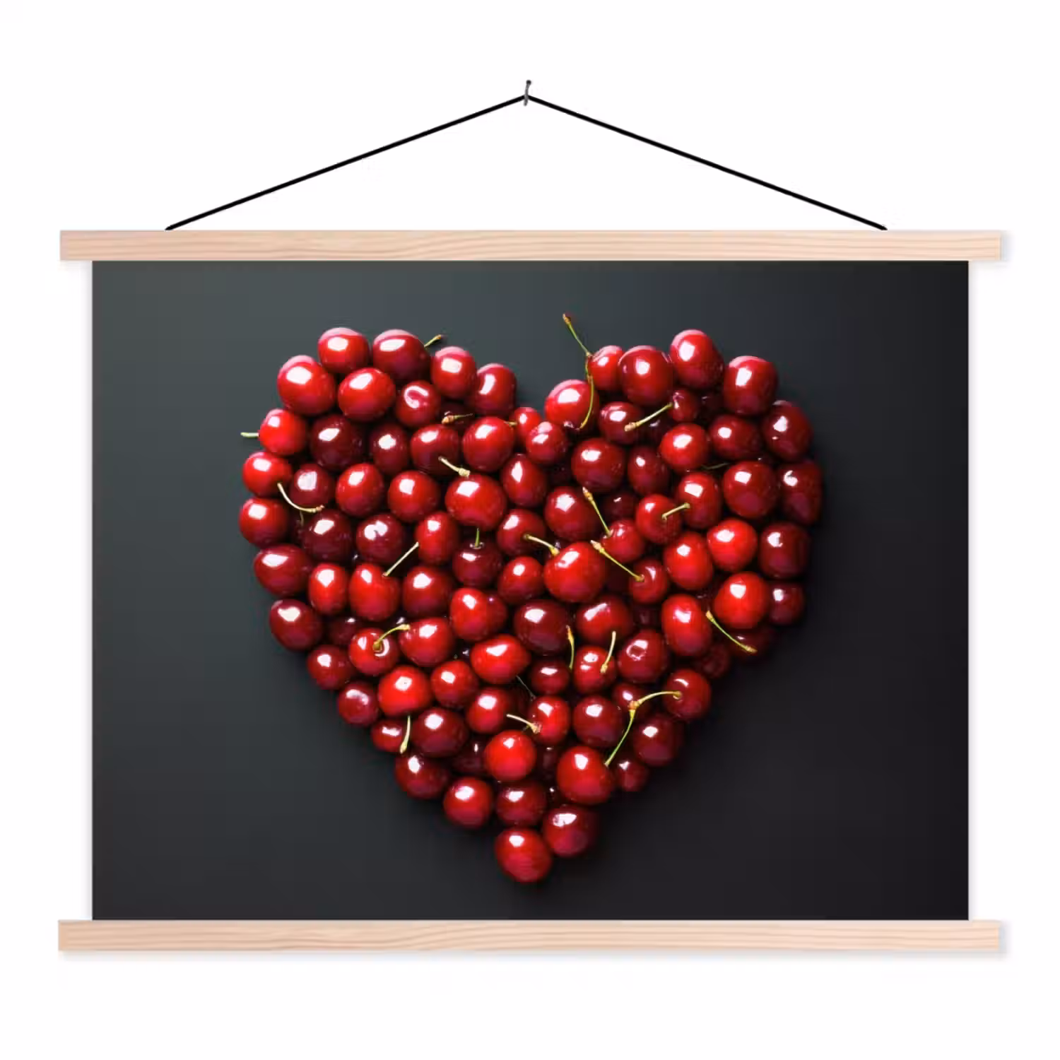 Kersen - Hart - Rood - Zwart textielposter latten blank klein -3d