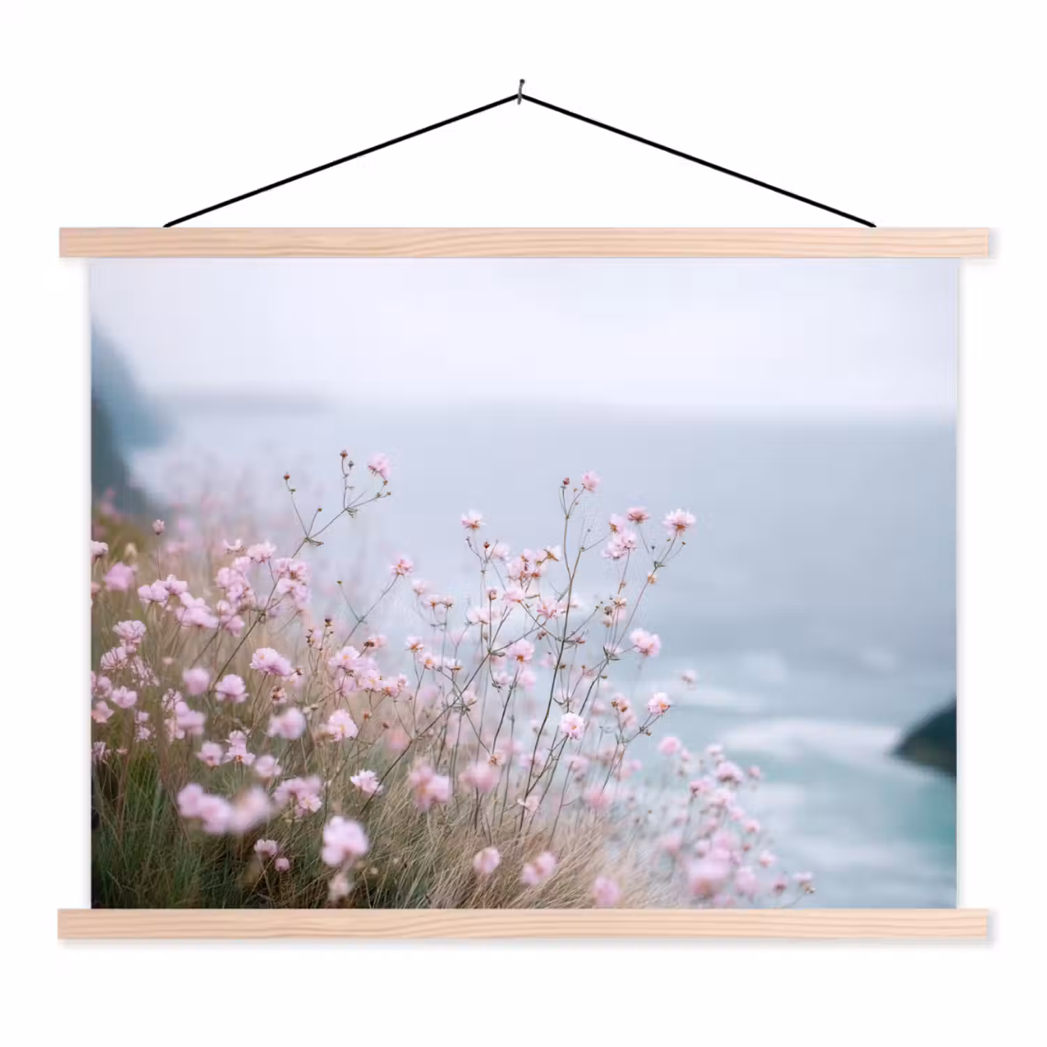 Klif - Bloemen - Zee - Roze textielposter latten blank klein -3d
