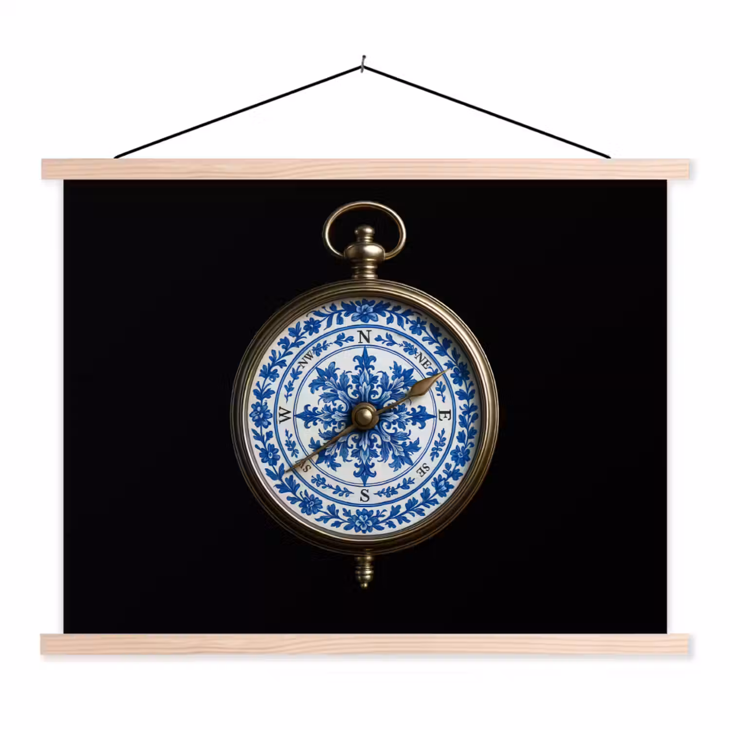 Kompas - Delfts blauw - Zwart textielposter latten blank klein -3d