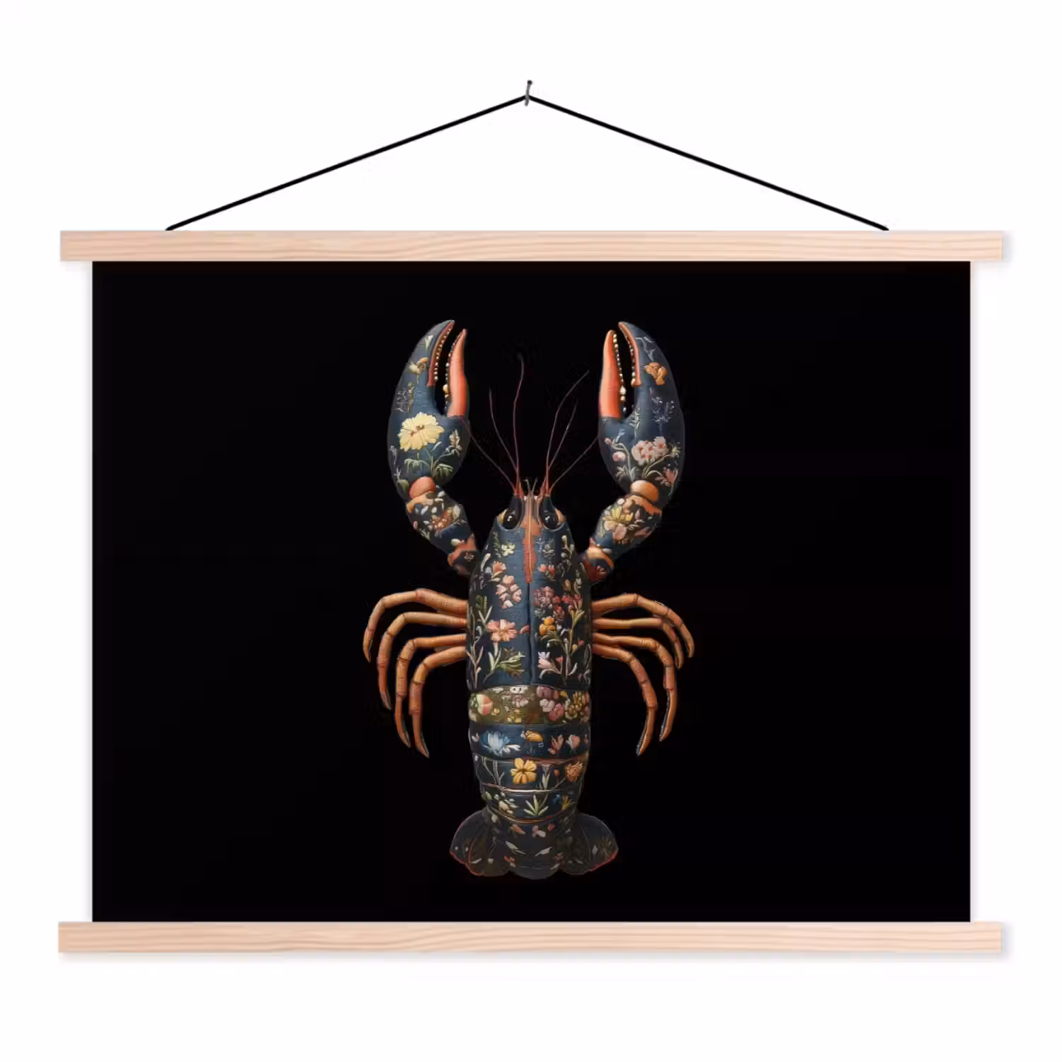 Kreeft - Zwart - Bloemenpatroon - Artistiek textielposter latten blank klein -3d