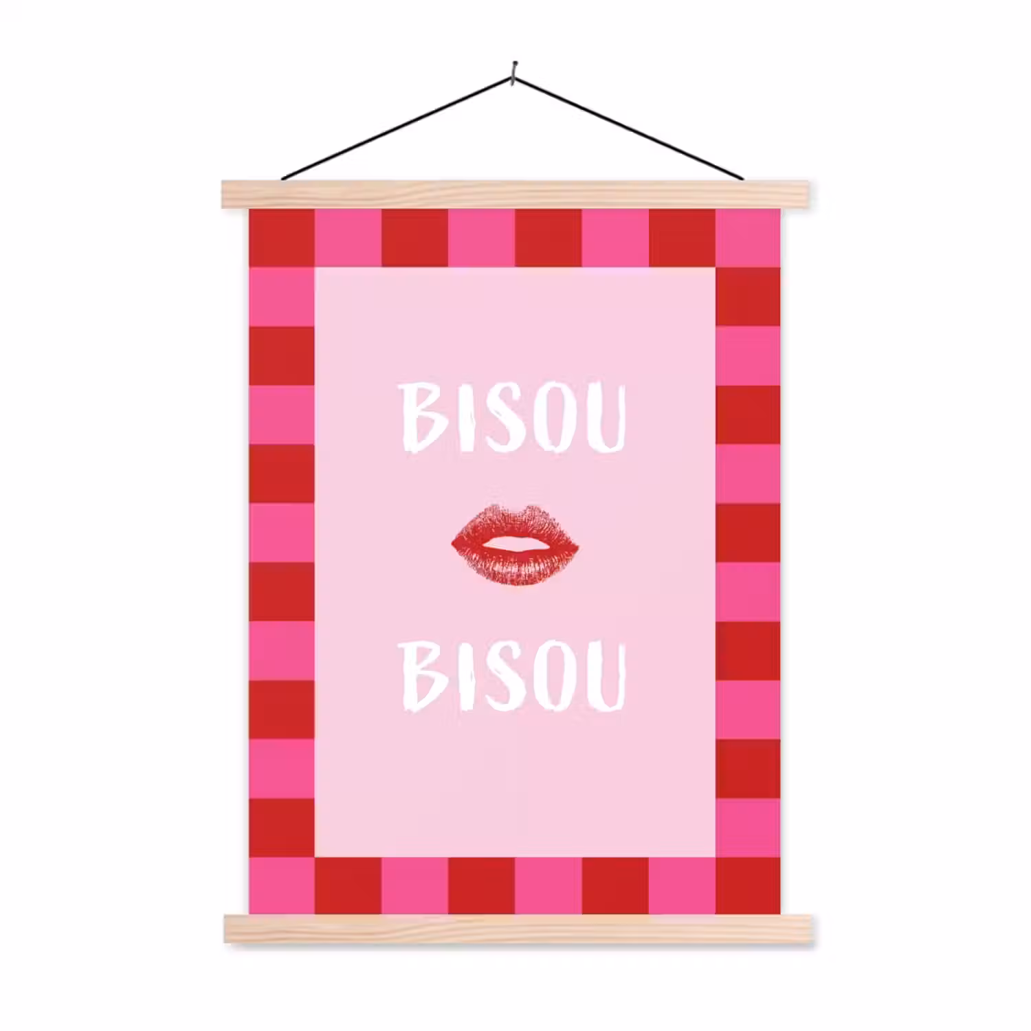 Kiss - Roze - Frans - Valentijn textielposter latten blank klein -3d