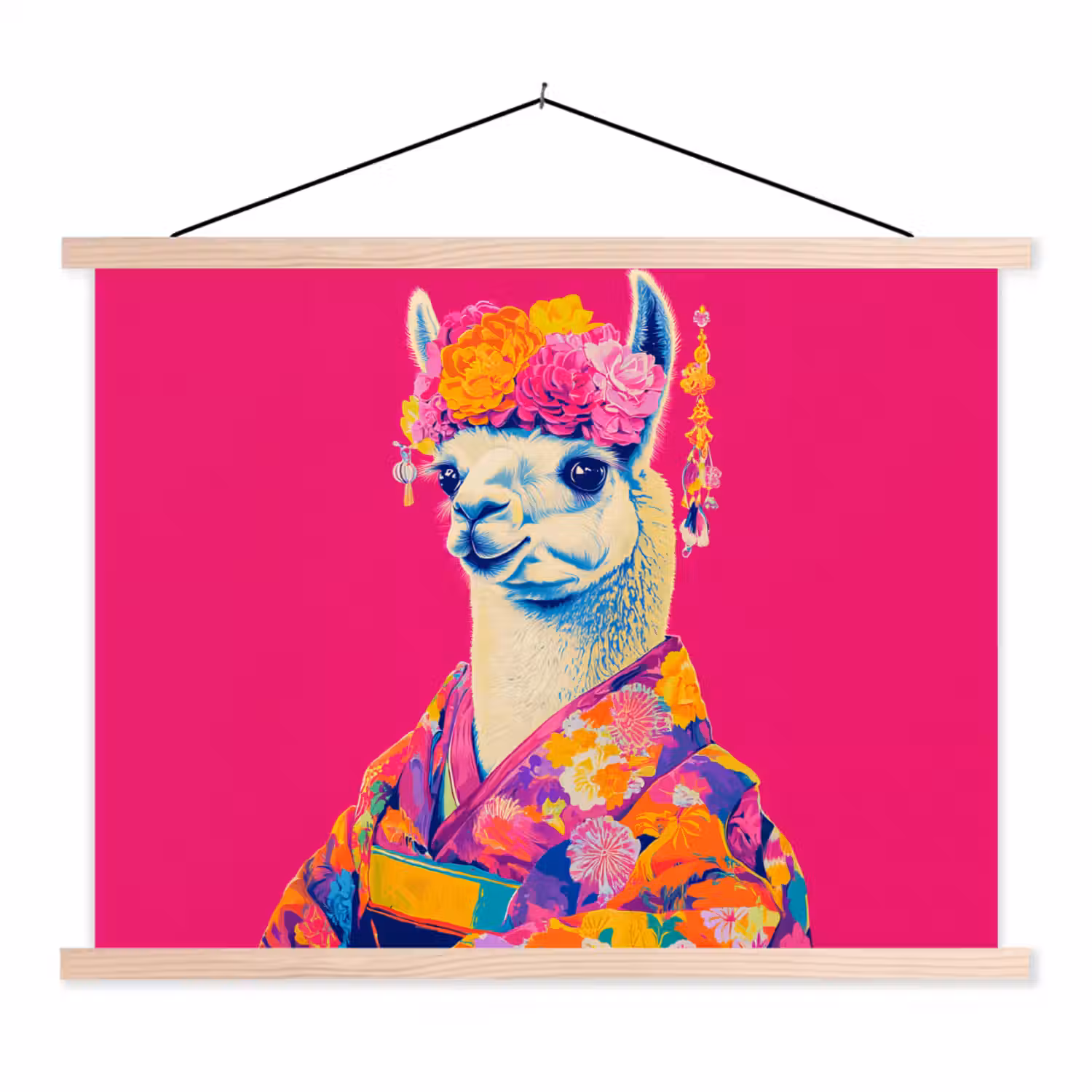 Lama - Kimono - Bloemenkrans - Felroze textielposter latten blank klein -3d