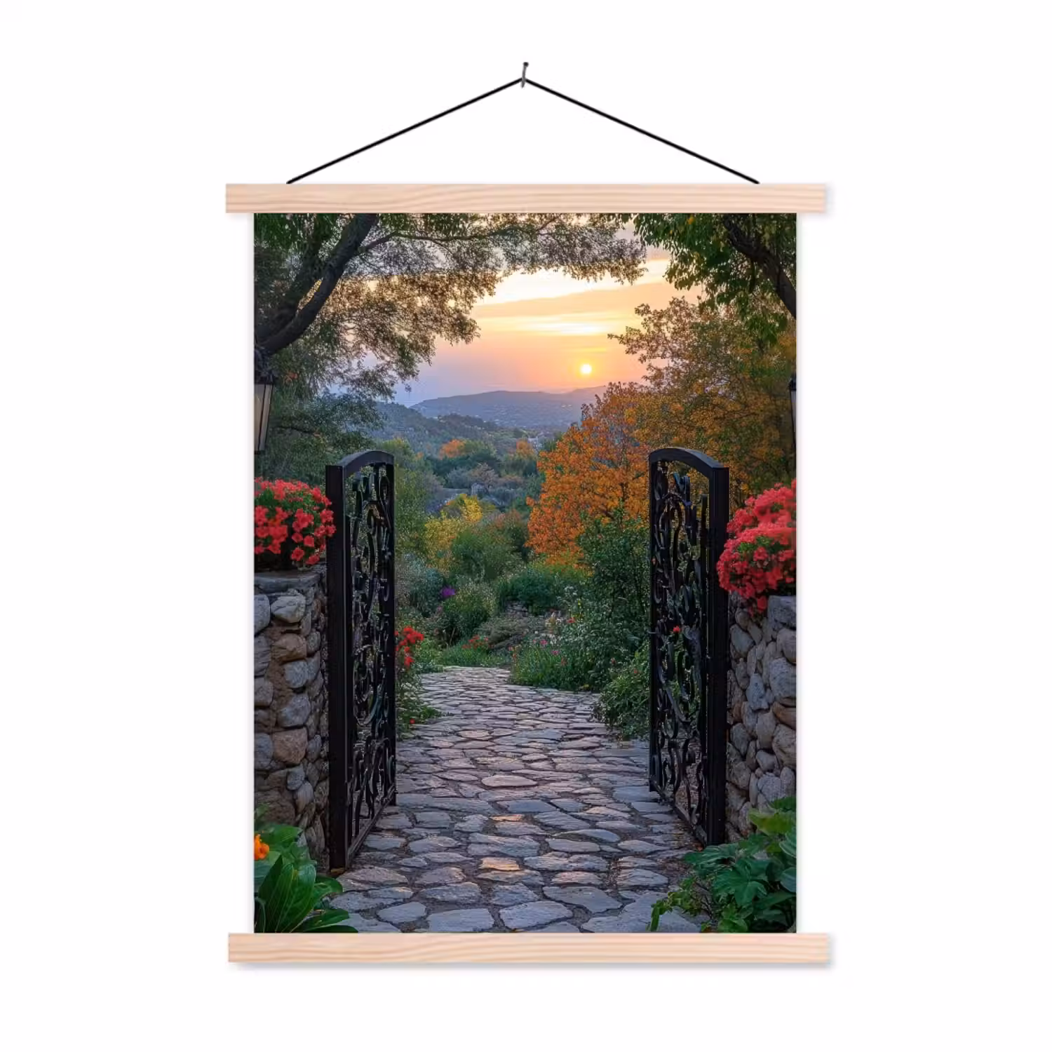 Landschap - Hek - Pad - Zonsondergang - Natuur textielposter latten blank klein -3d