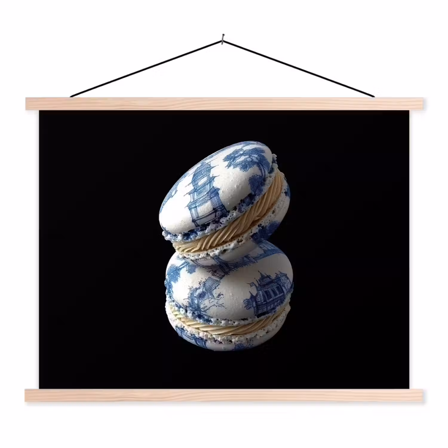 Eten - Macarons - Delfts blauw - Koekjes textielposter latten blank klein -3d