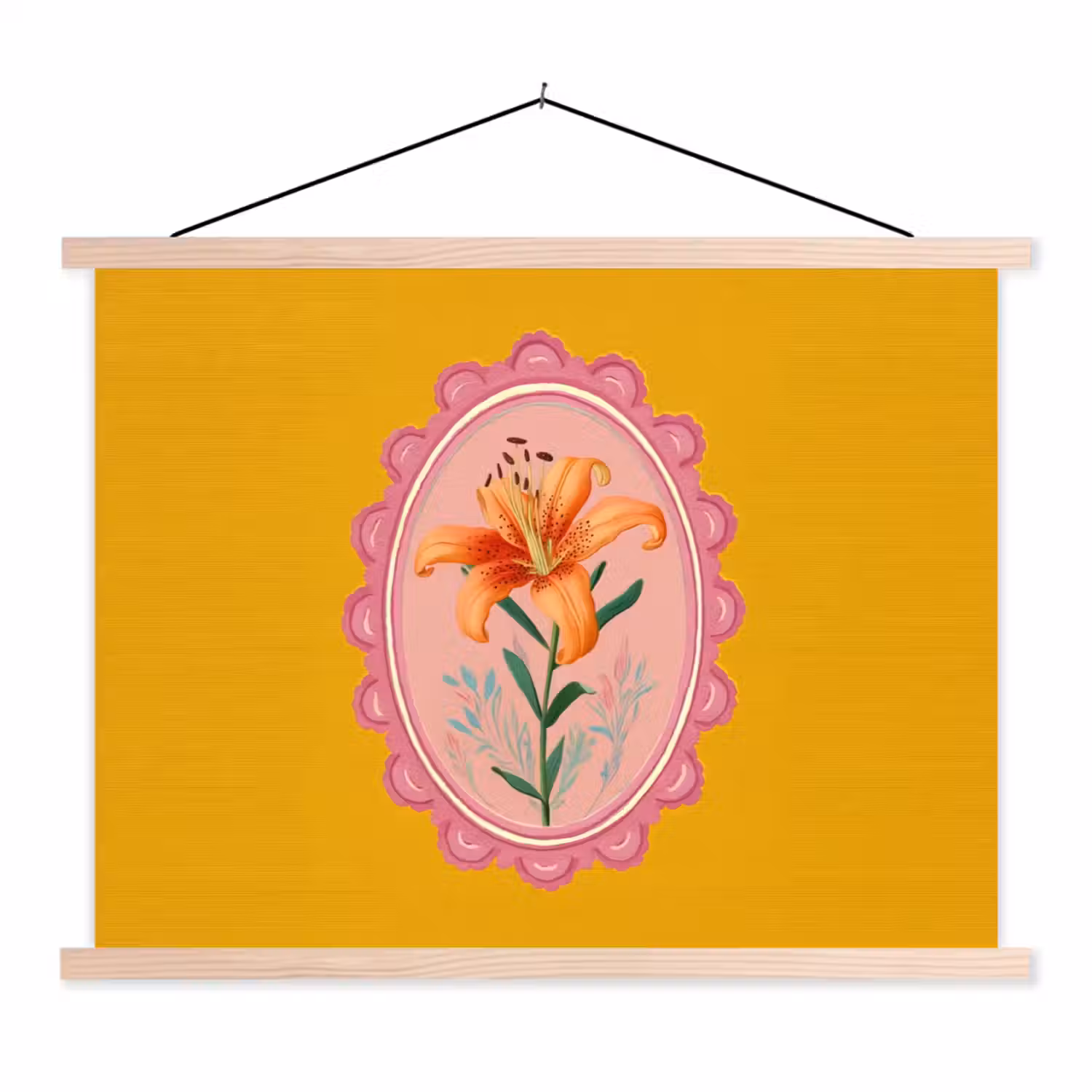 Lelie - Oranje - Lijst - Ovaal textielposter latten blank klein -3d