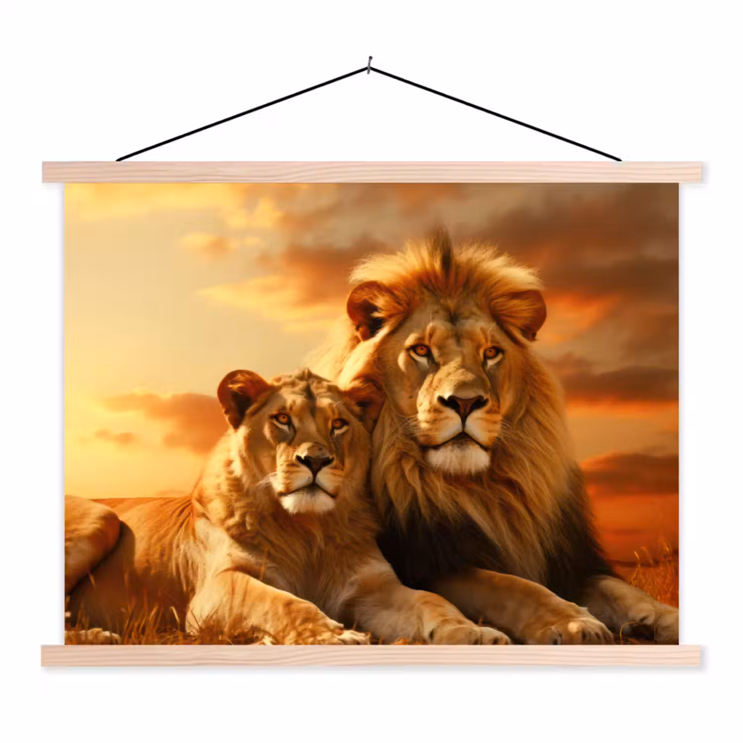Leeuwen - Zonsondergang - Afrika - Savanne - Dieren textielposter latten blank klein -3d