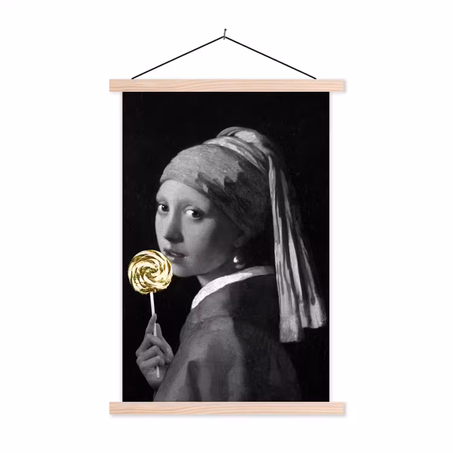Meisje met de parel - Johannes Vermeer - Lolly - Goud textielposter latten blank klein -3d