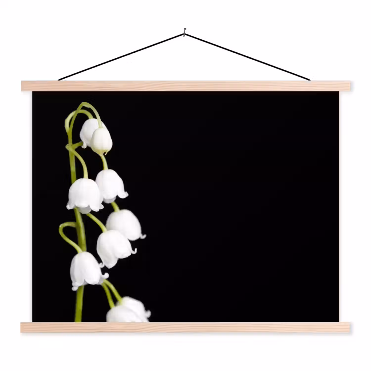 Lelietjes van dalen - Bloemen - Zwart - Flora textielposter latten blank klein -3d