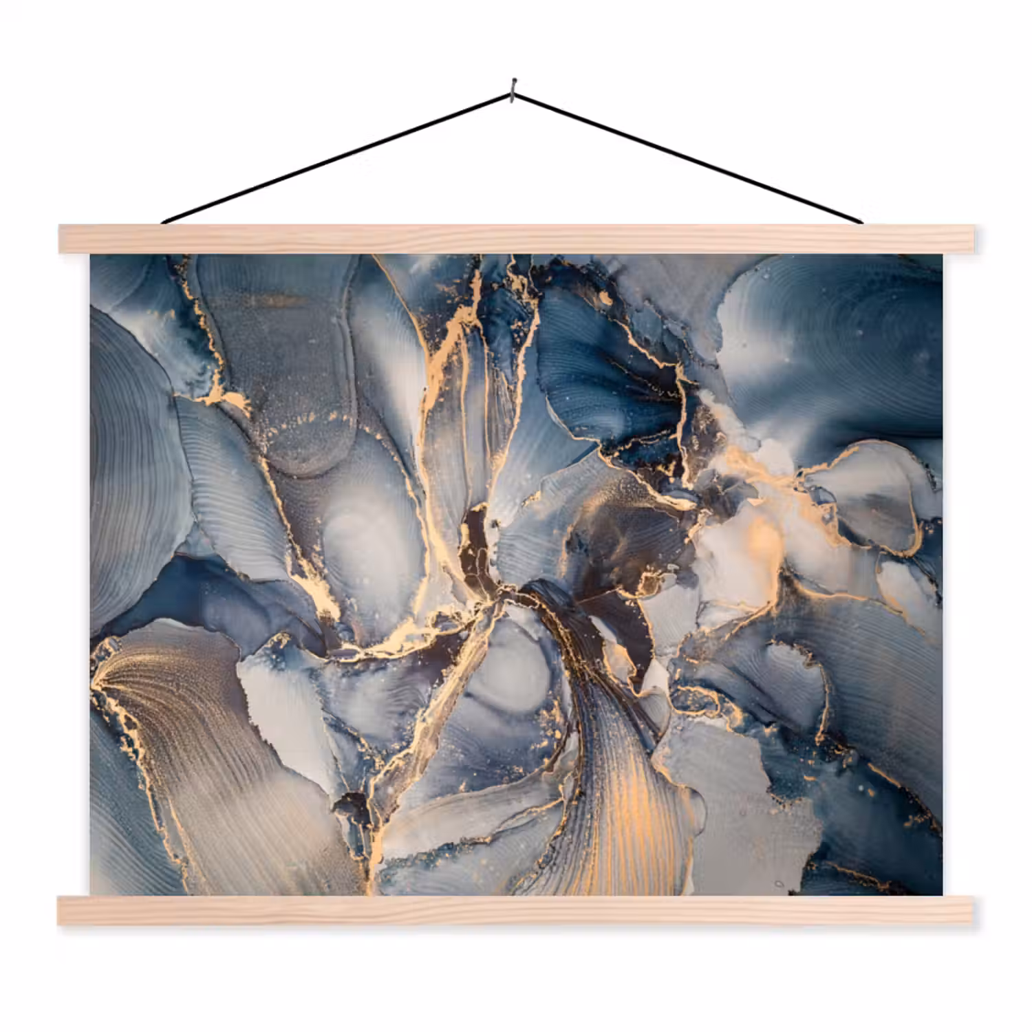 Marmer - Grijs - Blauw - Luxe - Goud textielposter latten blank klein -3d