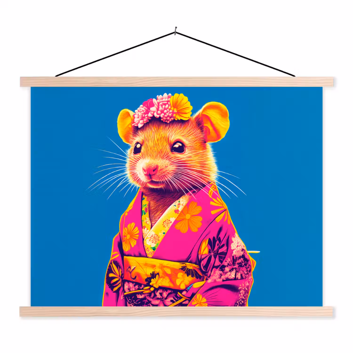 Muis - Kimono - Bloemen - Blauw textielposter latten blank klein -3d