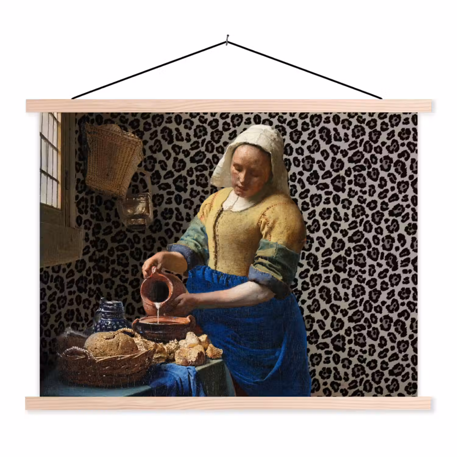 Melkmeisje - Kunst - Panterprint - Vermeer - Schilderij - Oude meesters textielposter latten blank klein -3d