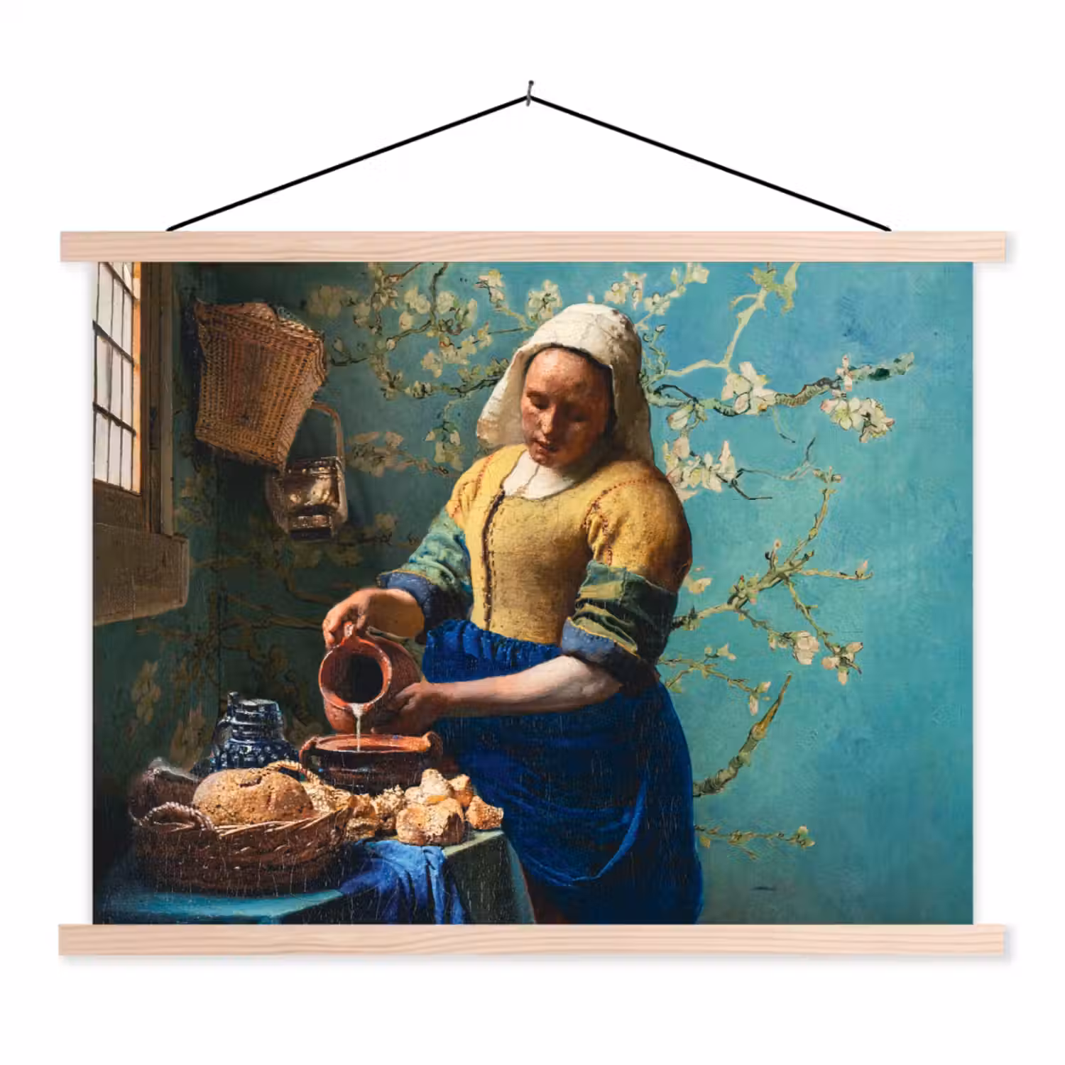 Melkmeisje - Amandelbloesem - Van Gogh - Vermeer - Schilderij - Oude meesters textielposter latten blank klein -3d
