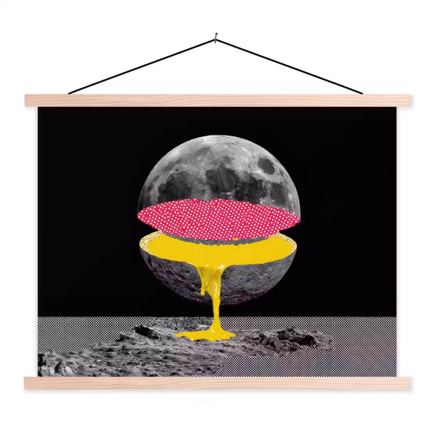 Maan - Geel - Roze - Zwart textielposter latten blank klein -3d