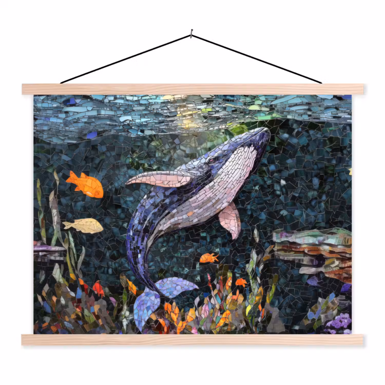 Mozaïek - Walvis - Koraal - Water textielposter latten blank klein -3d