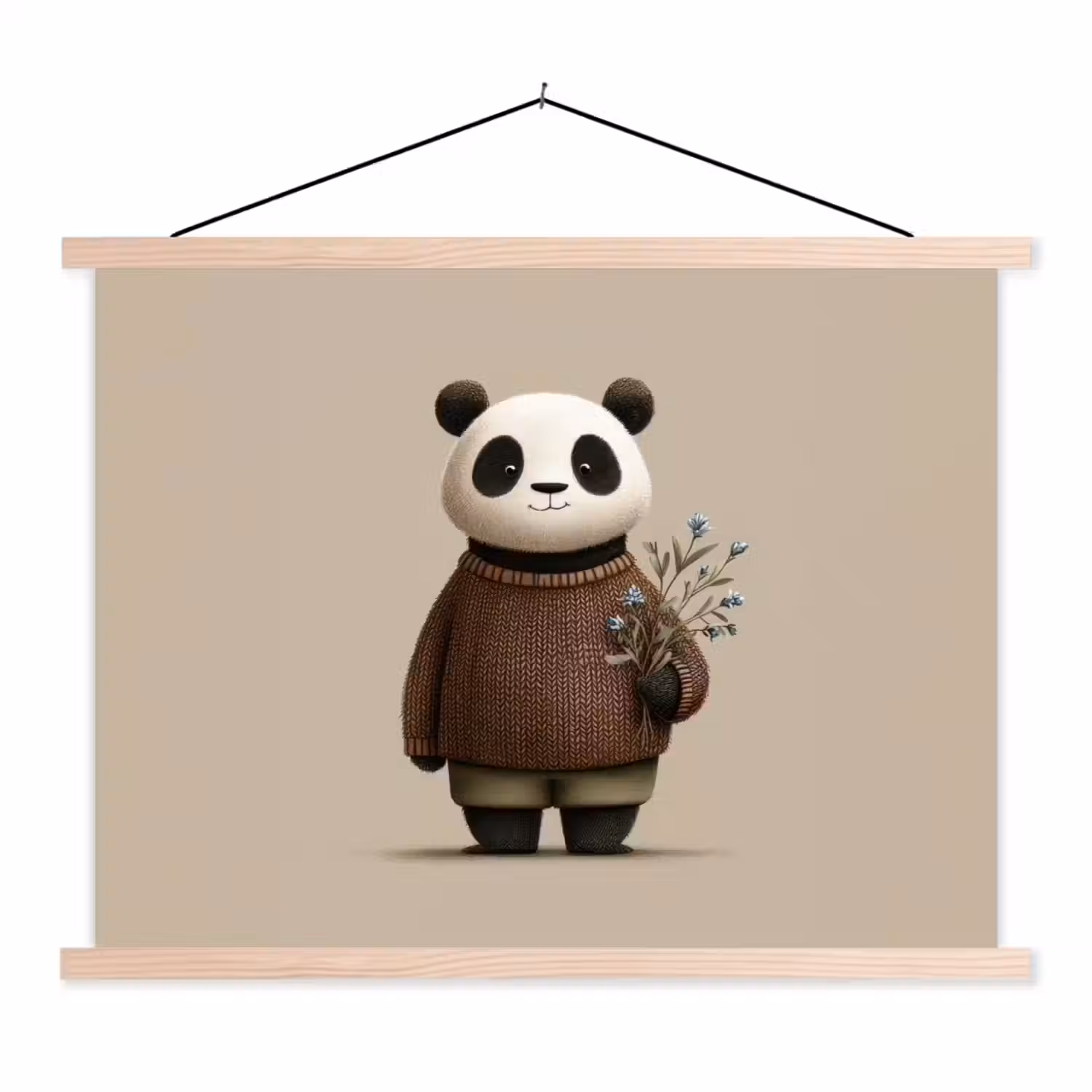 Panda - Blauwe bloemen - Zachtheid textielposter latten blank klein -3d