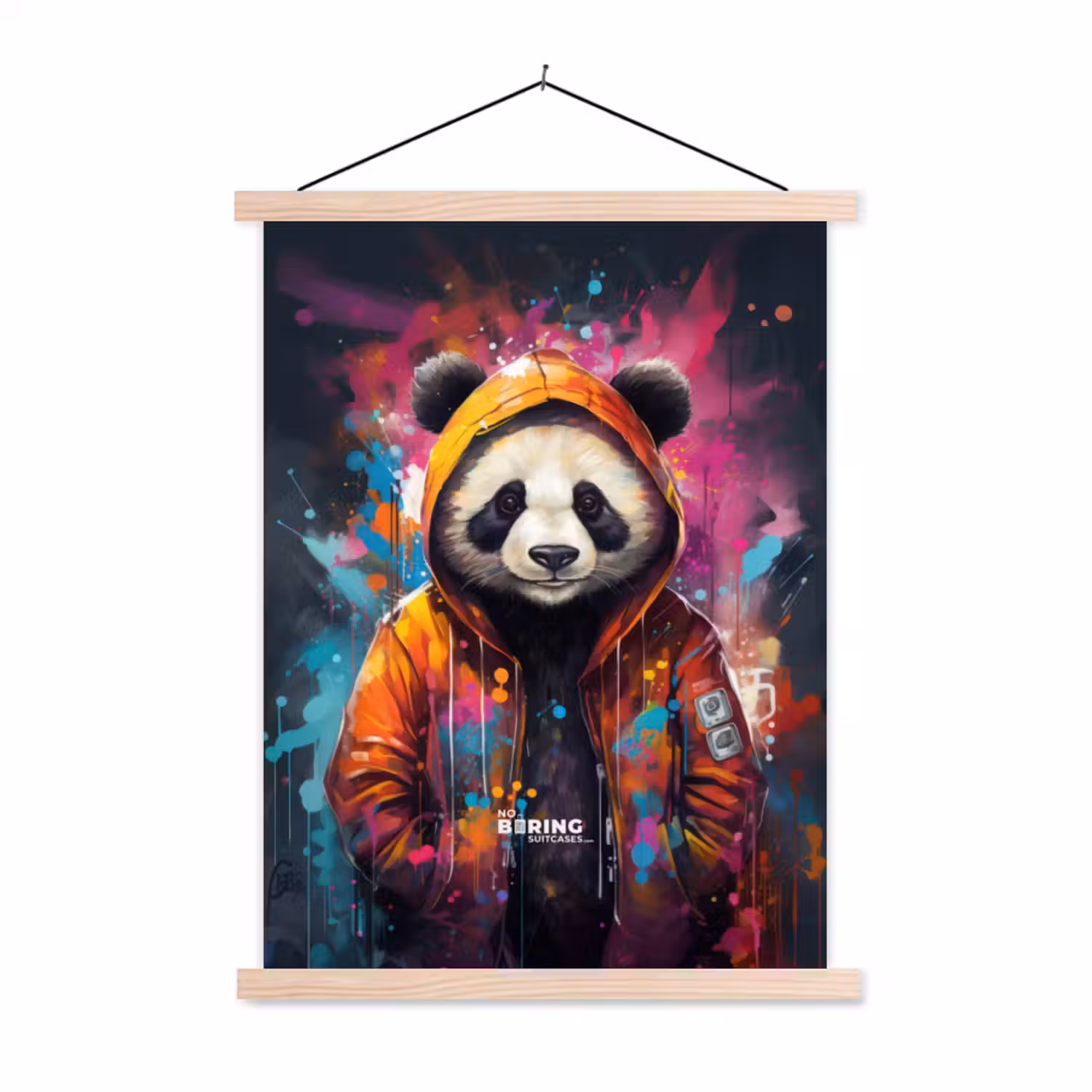 Panda met oranje jas en verfspetters textielposter latten blank klein -3d