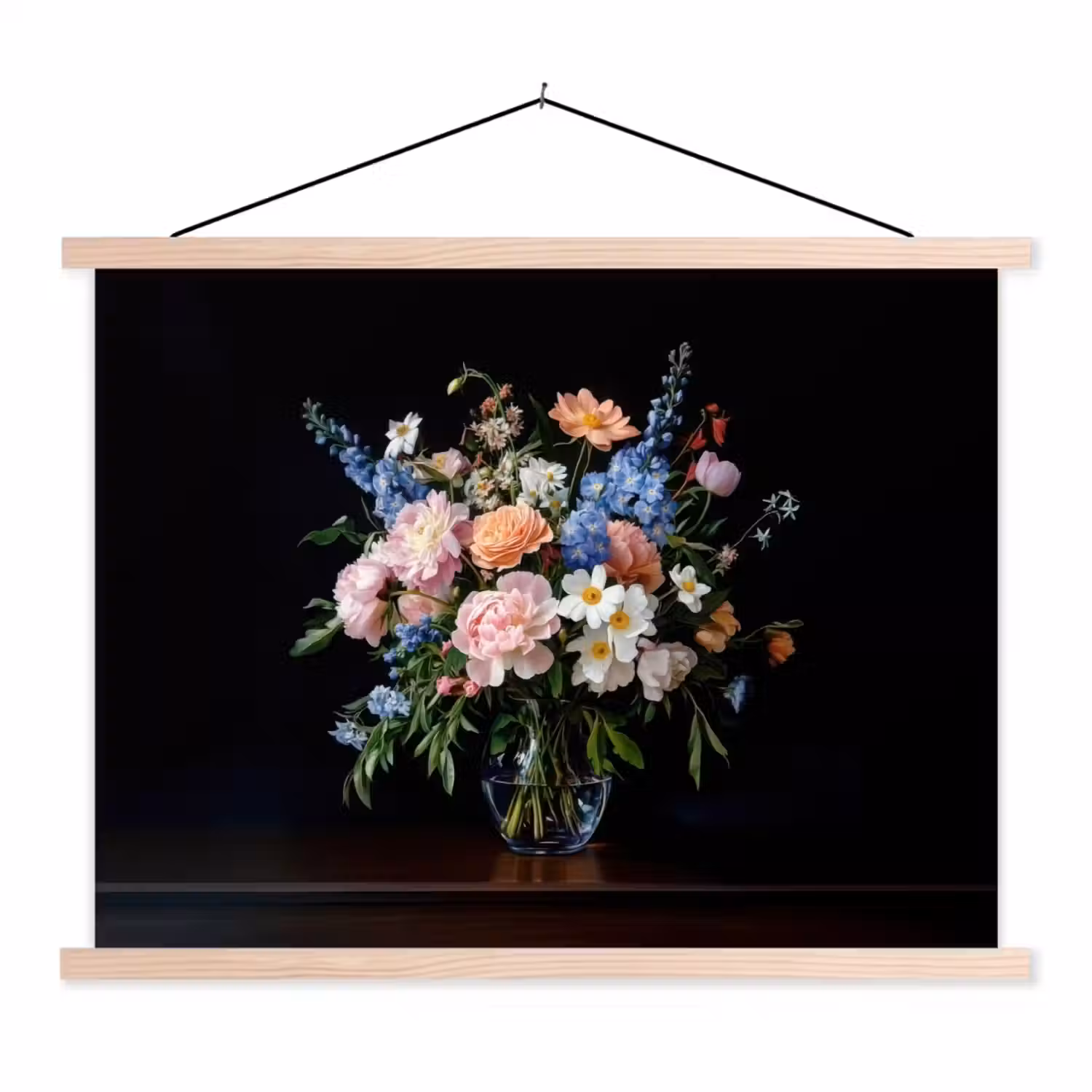 Pastel - Bloemen - Glazen - Vaas textielposter latten blank klein -3d