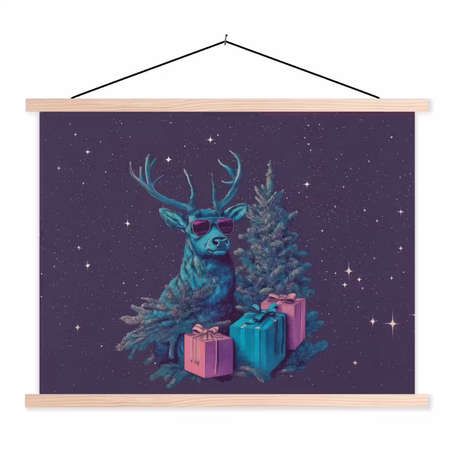 Rendier - Zonnebril - Neon - Kerstboom textielposter latten blank klein -3d