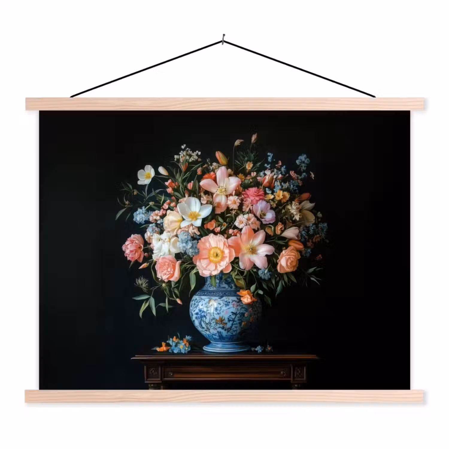 Roze - Bloemen - Vaas - Kleuren textielposter latten blank klein -3d
