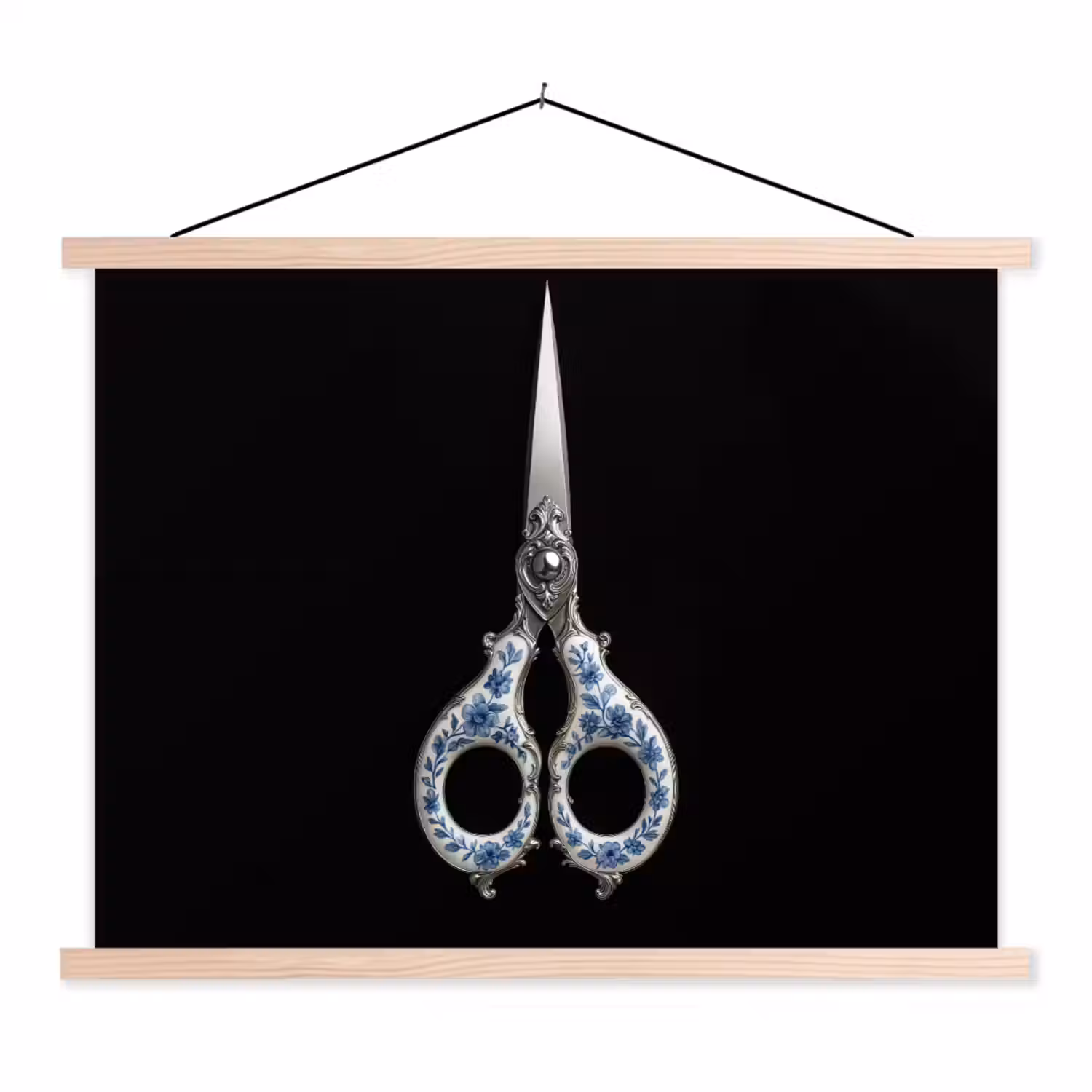 Schaar - Delfts blauw - Zwart textielposter latten blank klein -3d