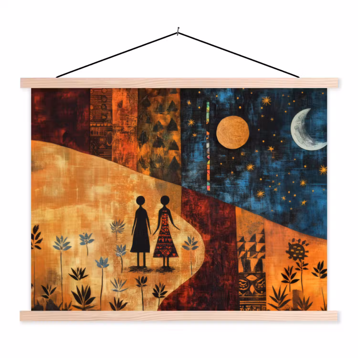 Silhouetten - Abstract - Zon - Maan textielposter latten blank klein -3d