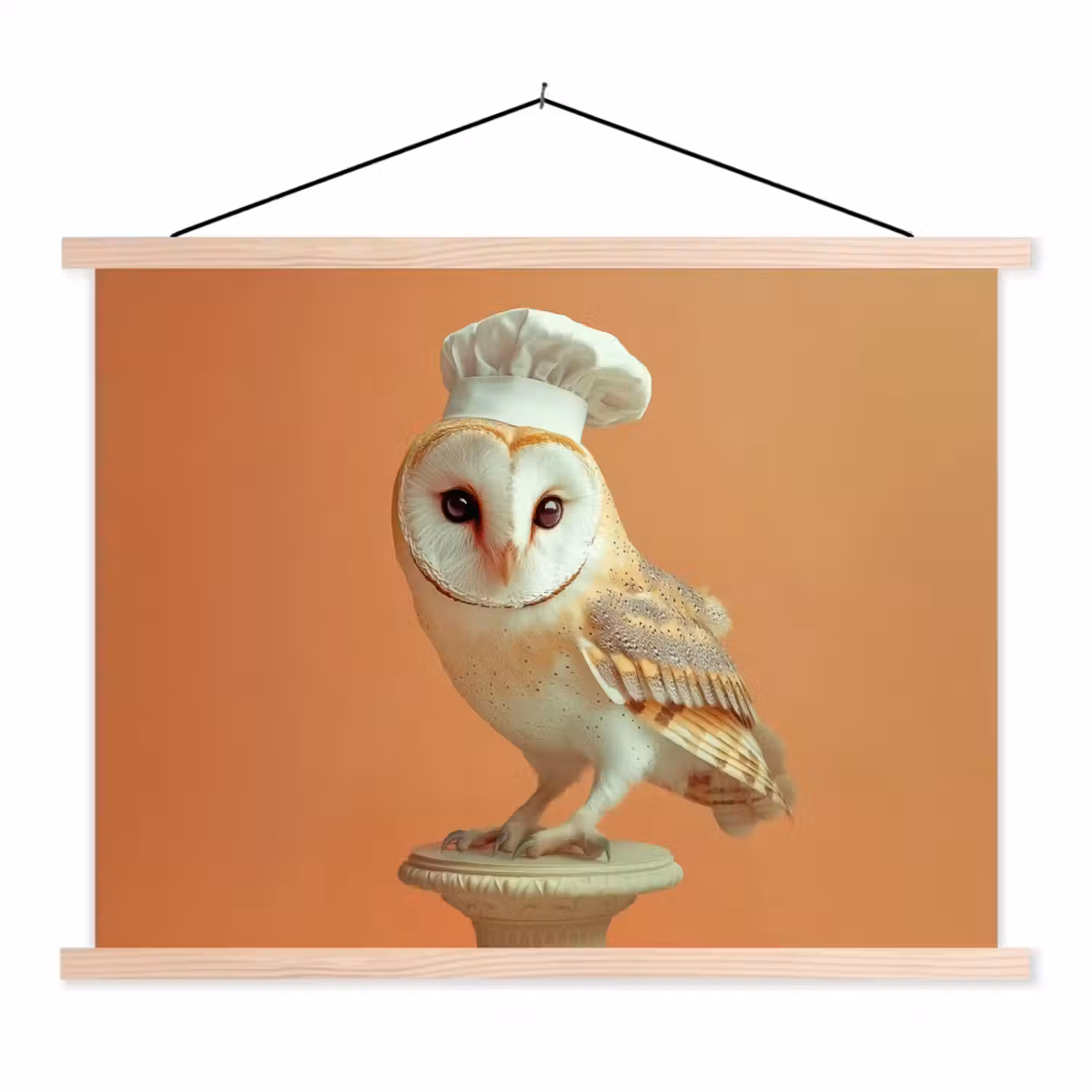 Kerkuil - Koksmuts - Oranje - Vogel textielposter latten blank klein -3d